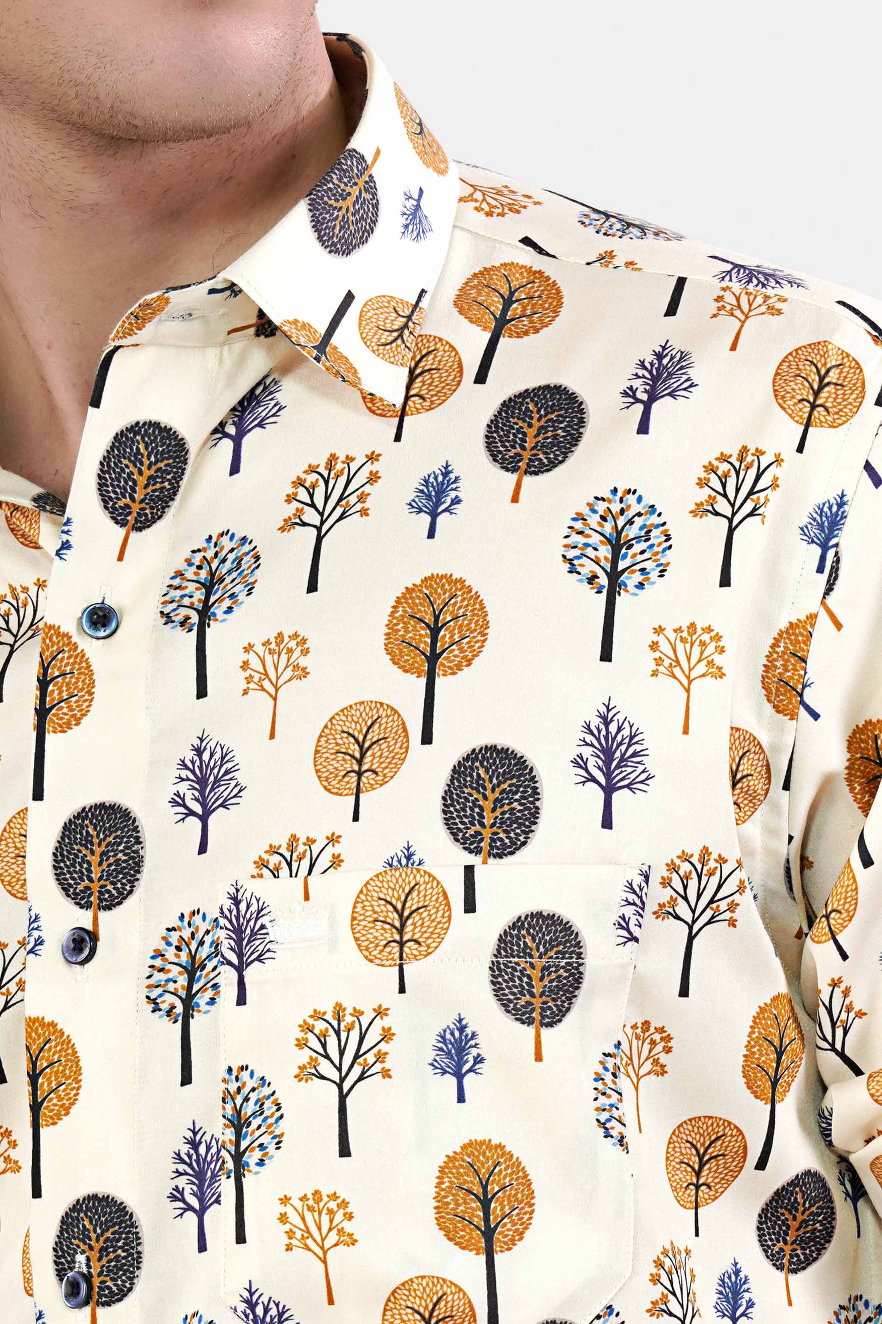 Pampas Cream Multicolour Trees Printed Subtle Sheen Super Soft Premium Cotton Shirt