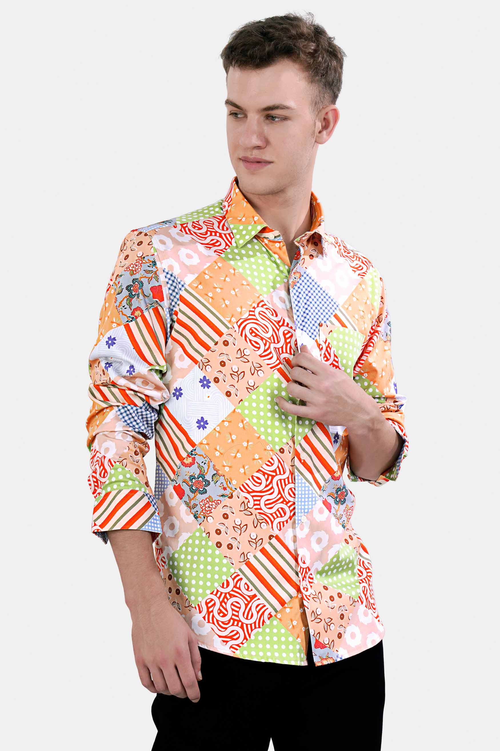 Mandys Peach and Olive Green Multicolour Abstract Printed Subtle Sheen Super Soft Premium Cotton Shirt
