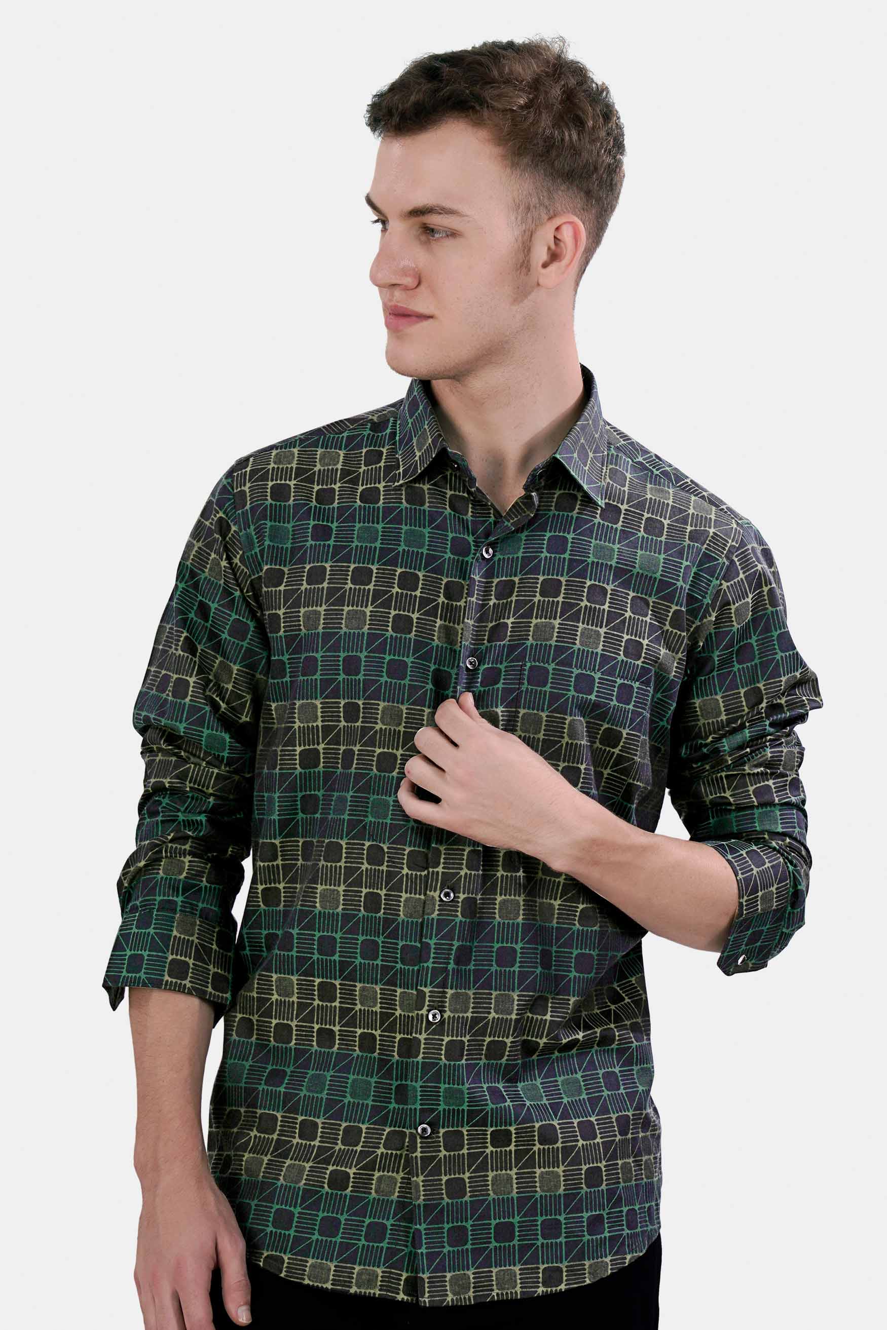 Tuatara Gray with Everglade Green Jacquard Textured Premium Giza Cotton Shirt