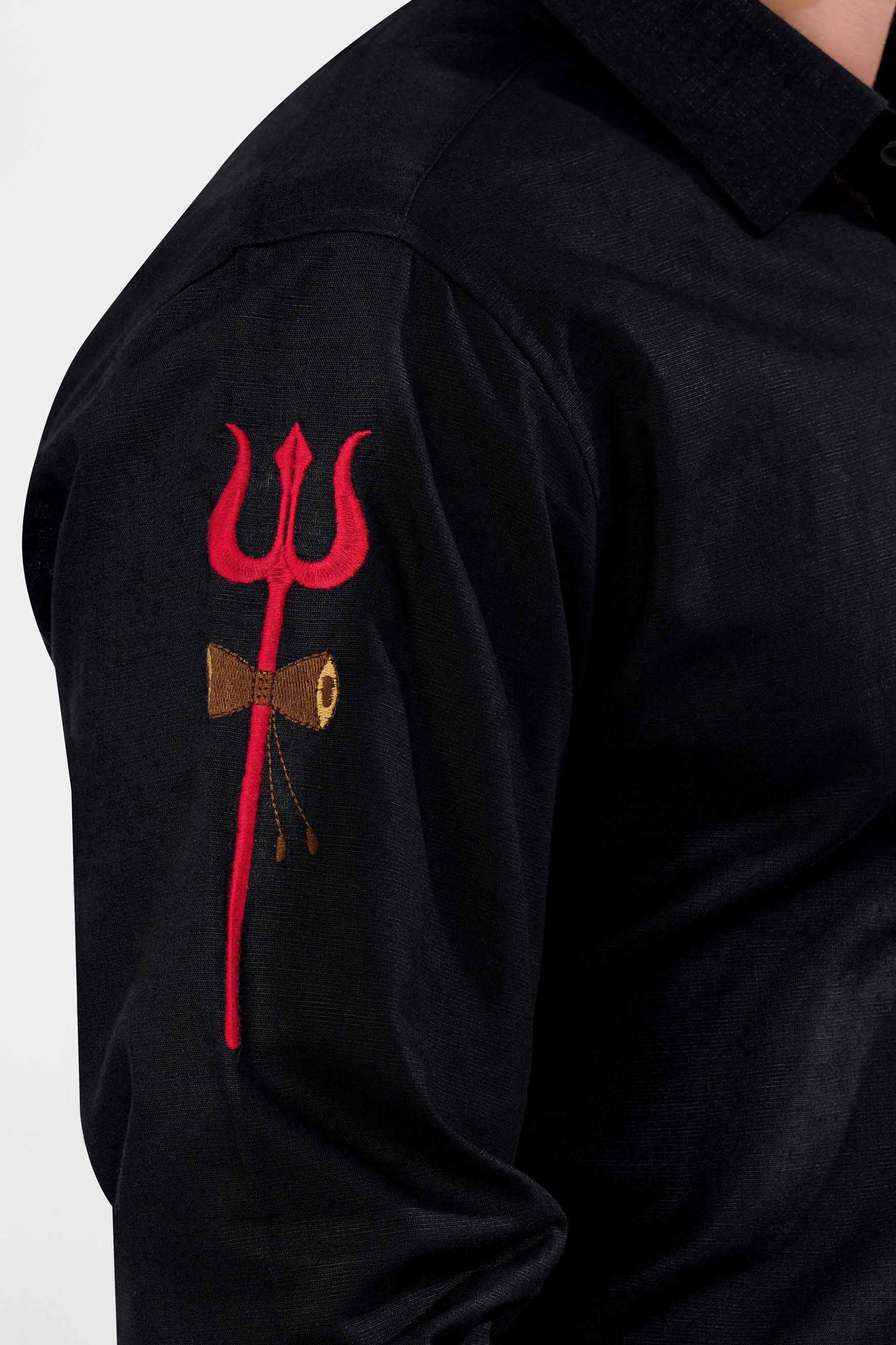 Jade Black with Lord Shiva Trident Embroidered Luxurious Linen Designer Shirt