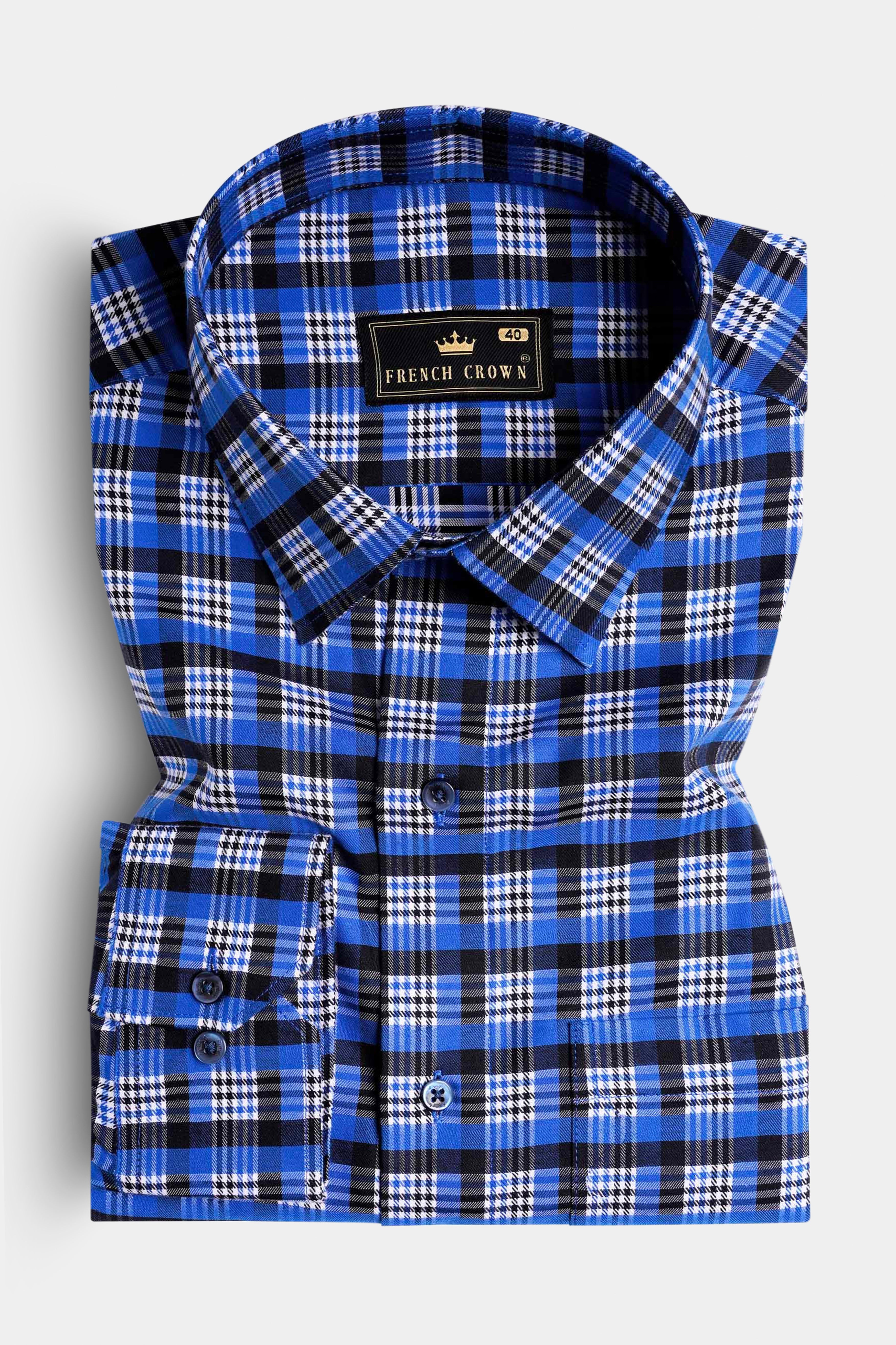 Azul Blue and Black Casual Checks-Plaid Premium Cotton Shirt For Men