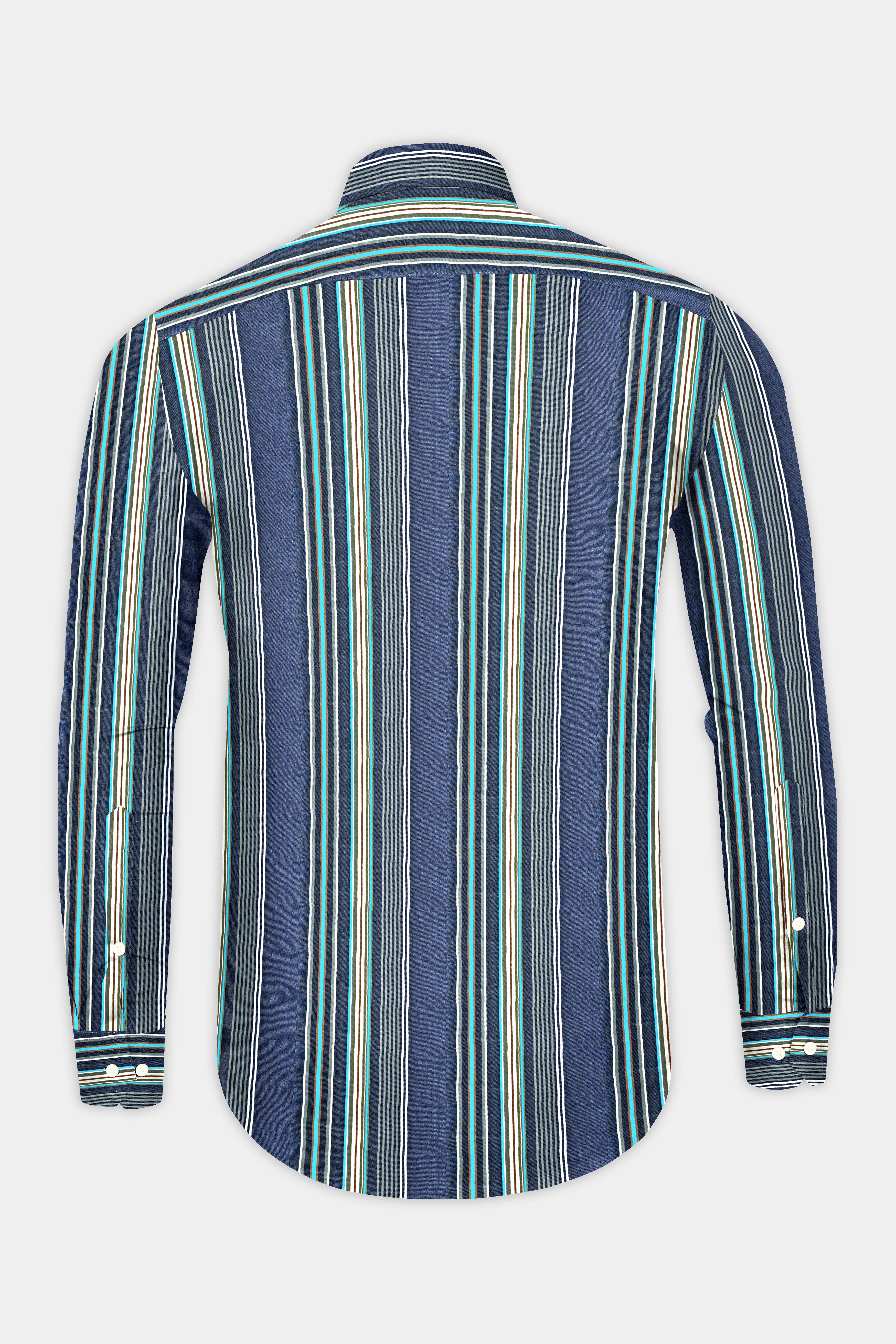 Nile Blue with White and Dusty Brown Striped Indigo Denim Shirt