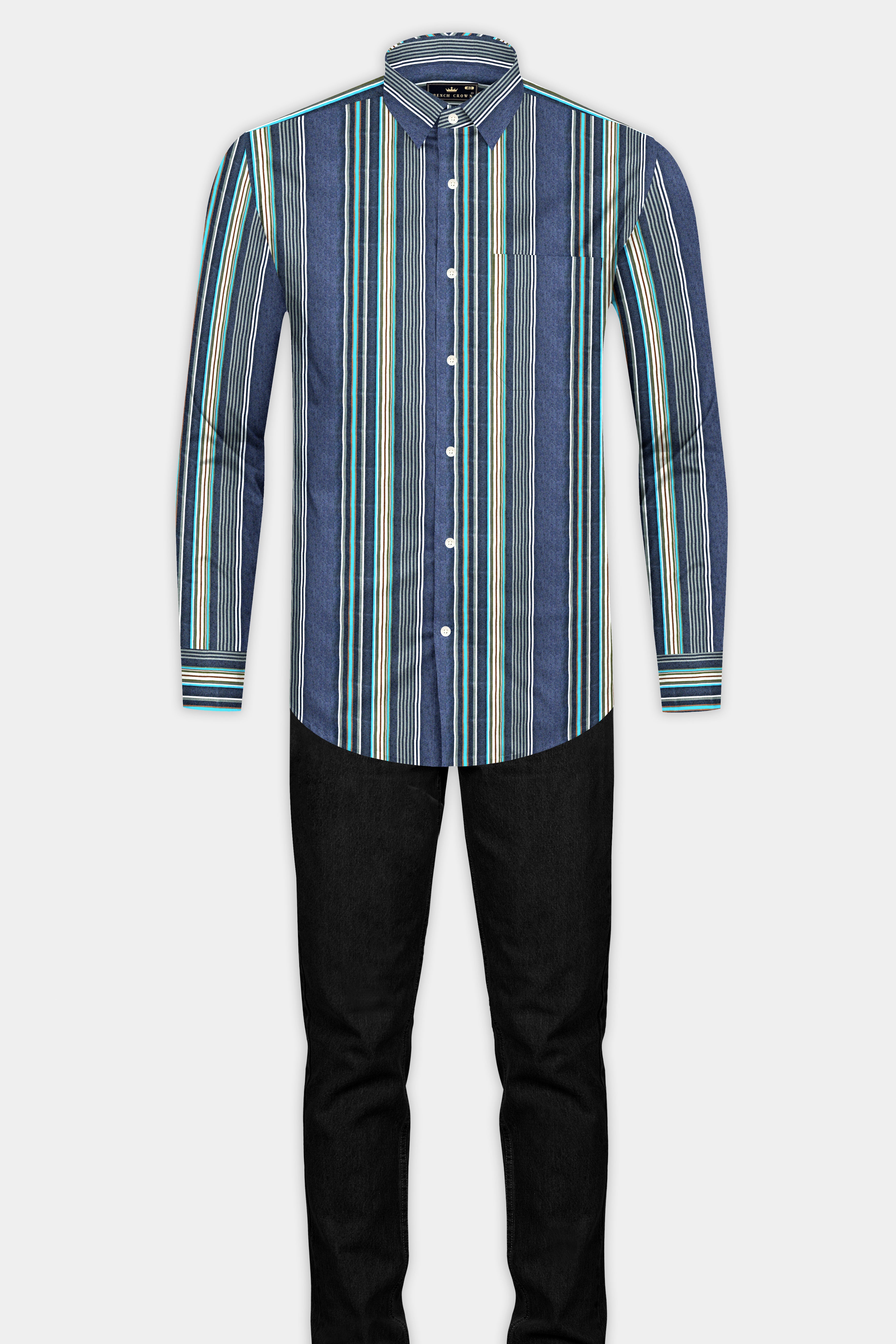 Nile Blue with White and Dusty Brown Striped Indigo Denim Shirt