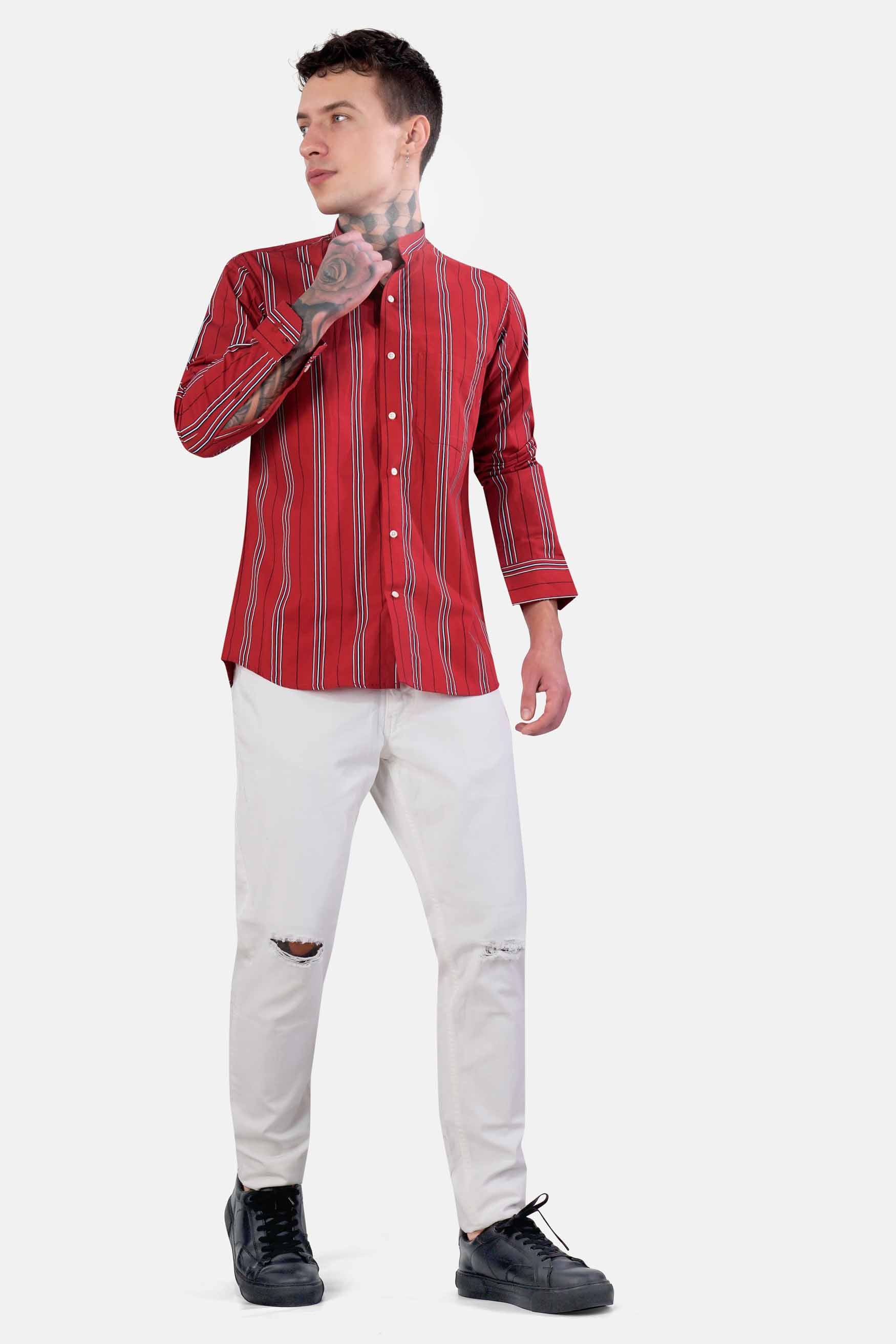 Cardinal Red with White and Cove Blue Striped Twill Premium Cotton Shirt