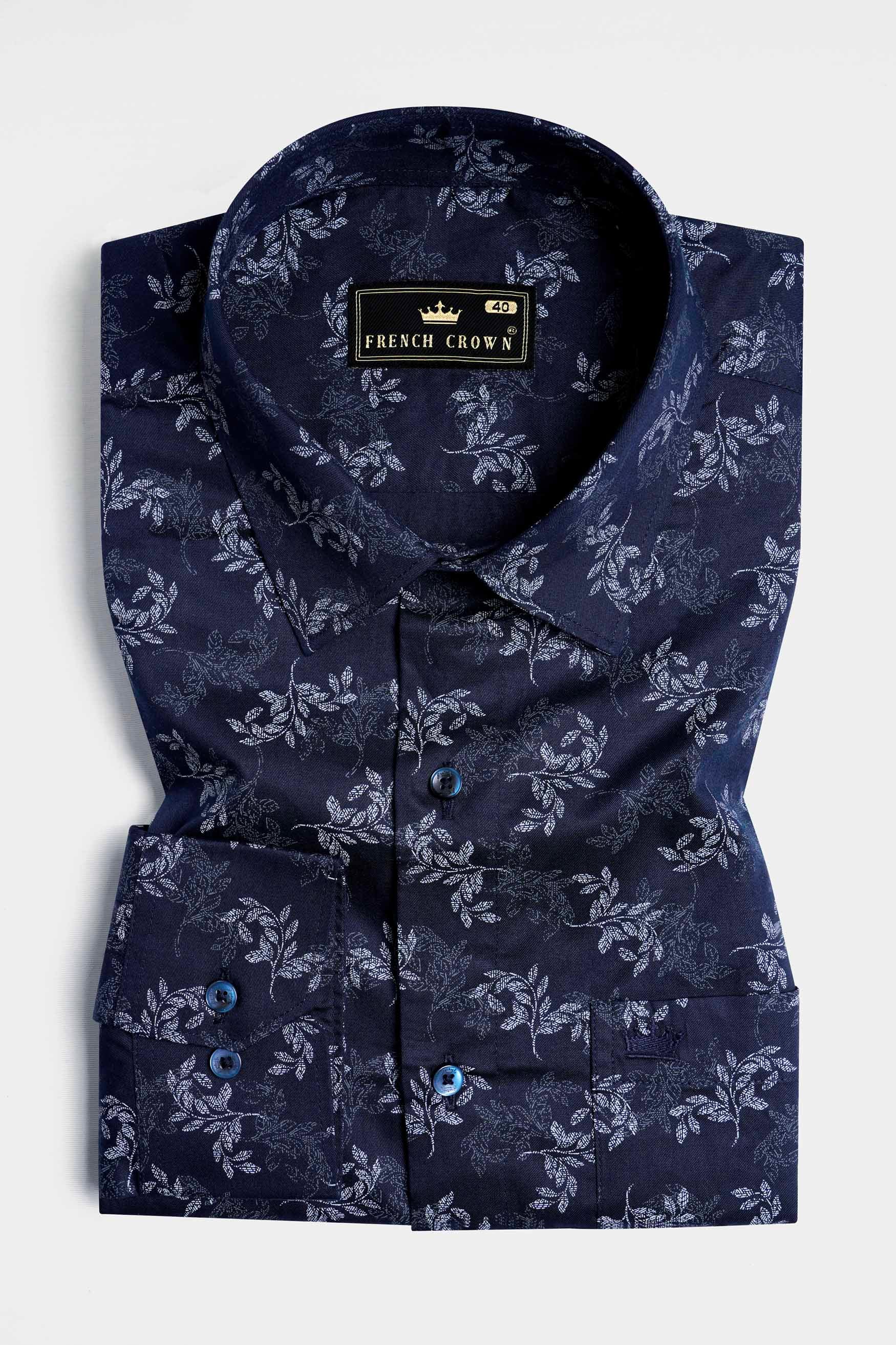 Haiti Blue Leaves Printed Twill Premium Cotton Shirt