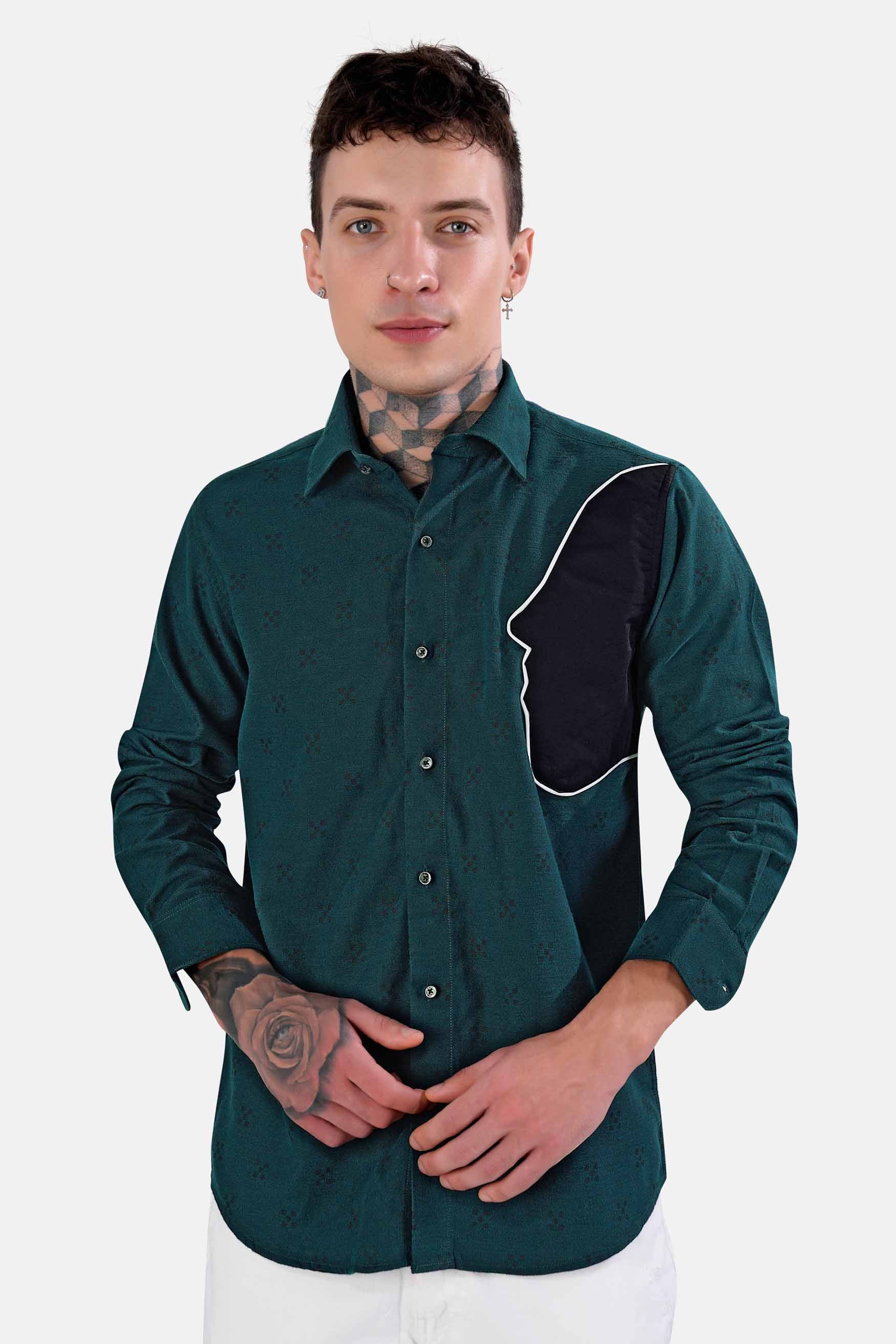Timber Green and Black Face Like Pattern Dobby Textured Premium Giza Cotton Designer Shirt