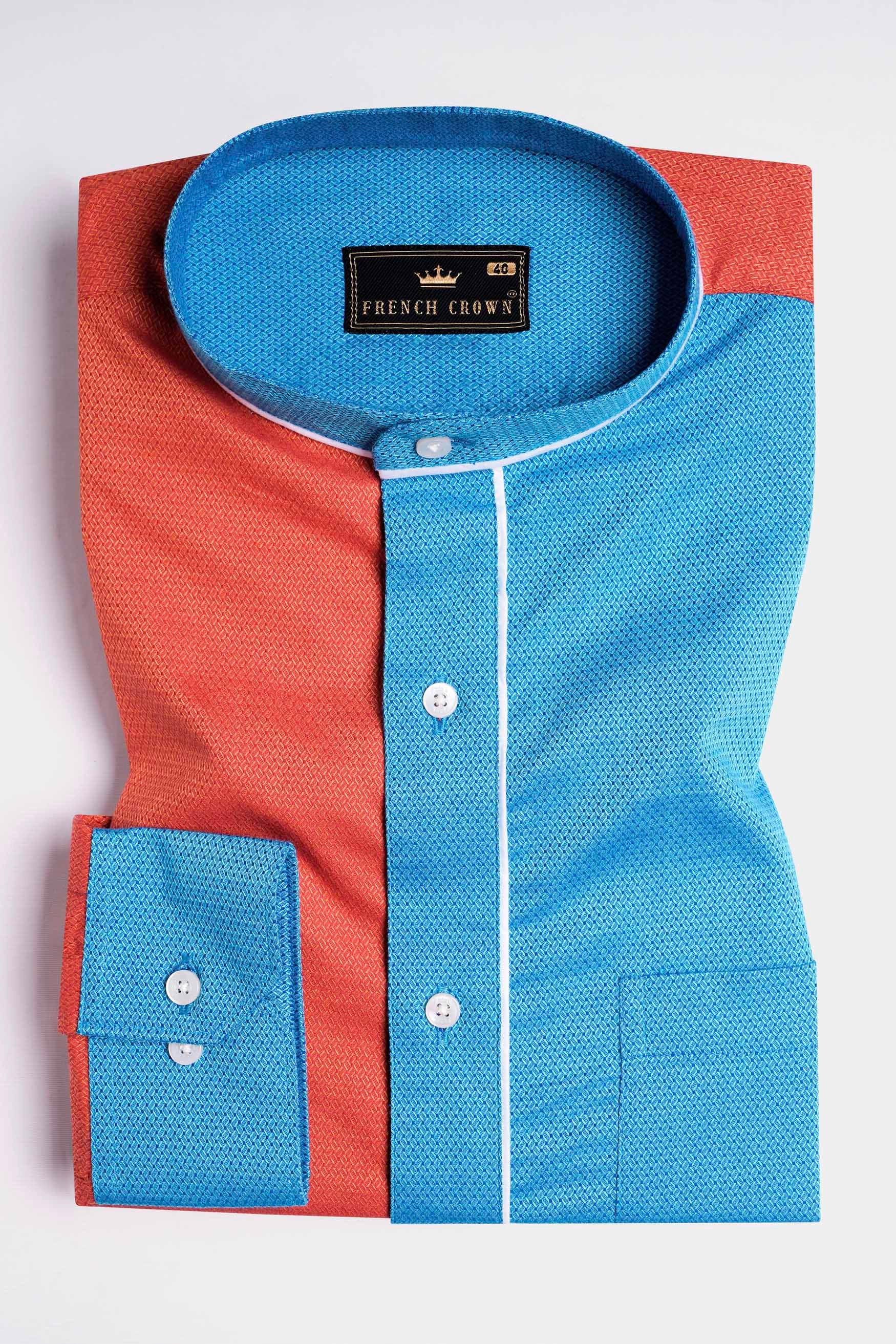 Azul Blue and Bittersweet Orange Dobby Textured Premium Giza Cotton Designer Shirt