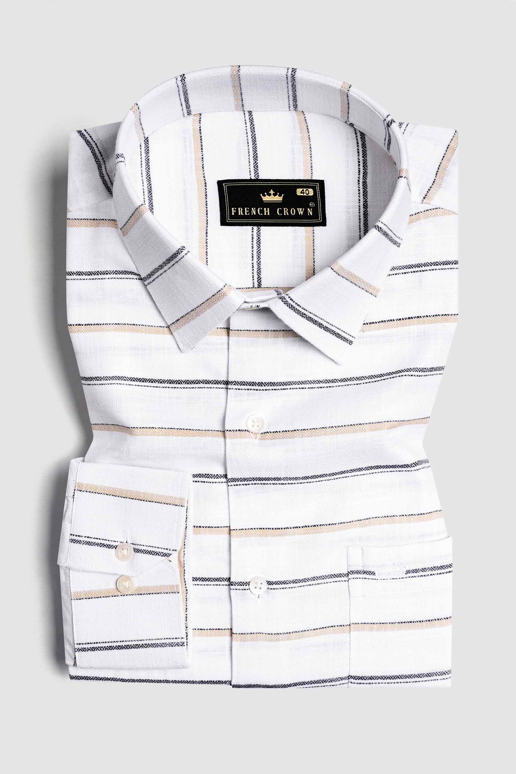Bright White with Brandy Brown Casual Stripes Premium Cotton