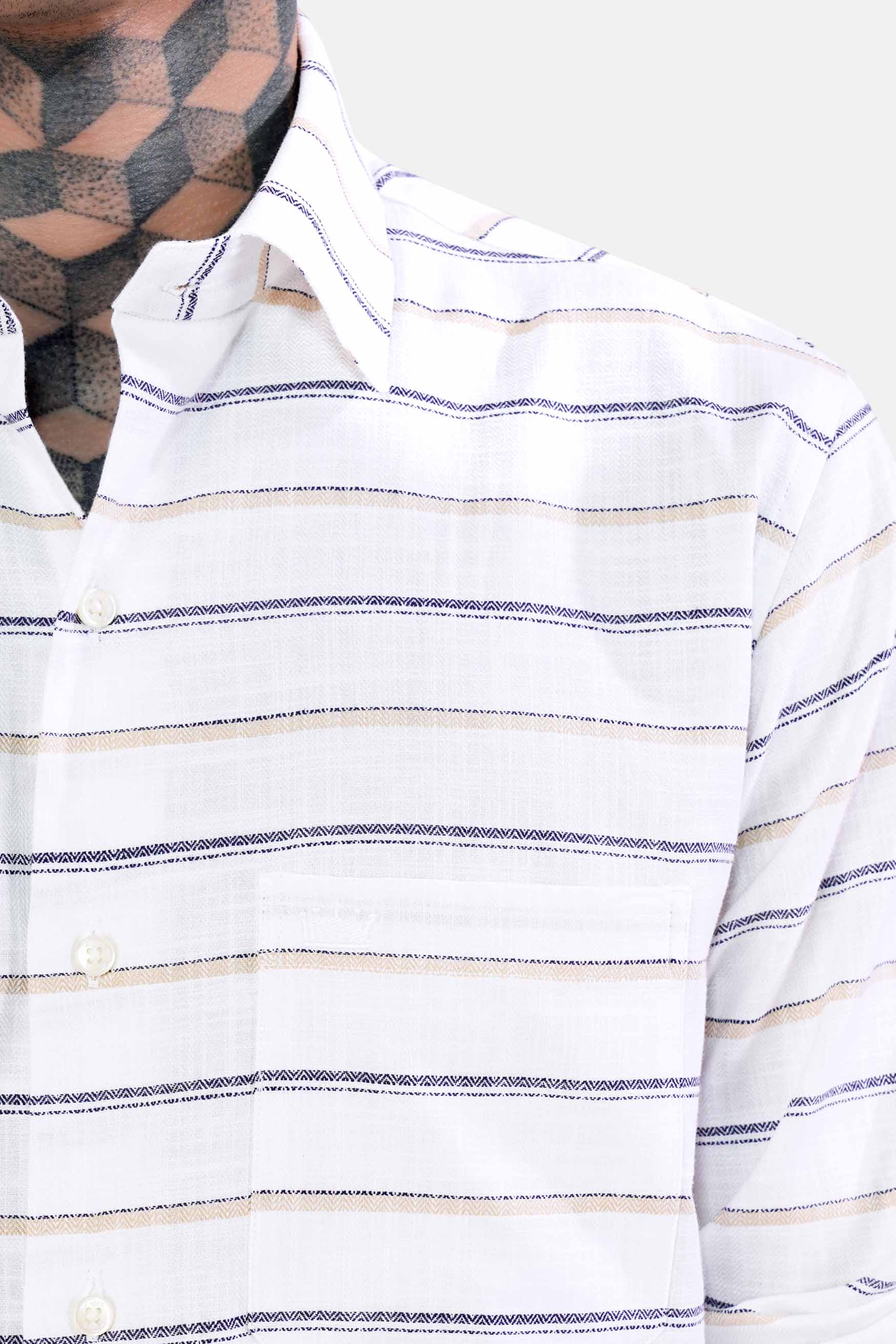 Bright White with Brandy Brown and Black Striped Dobby Textured Premium Giza Cotton Shirt