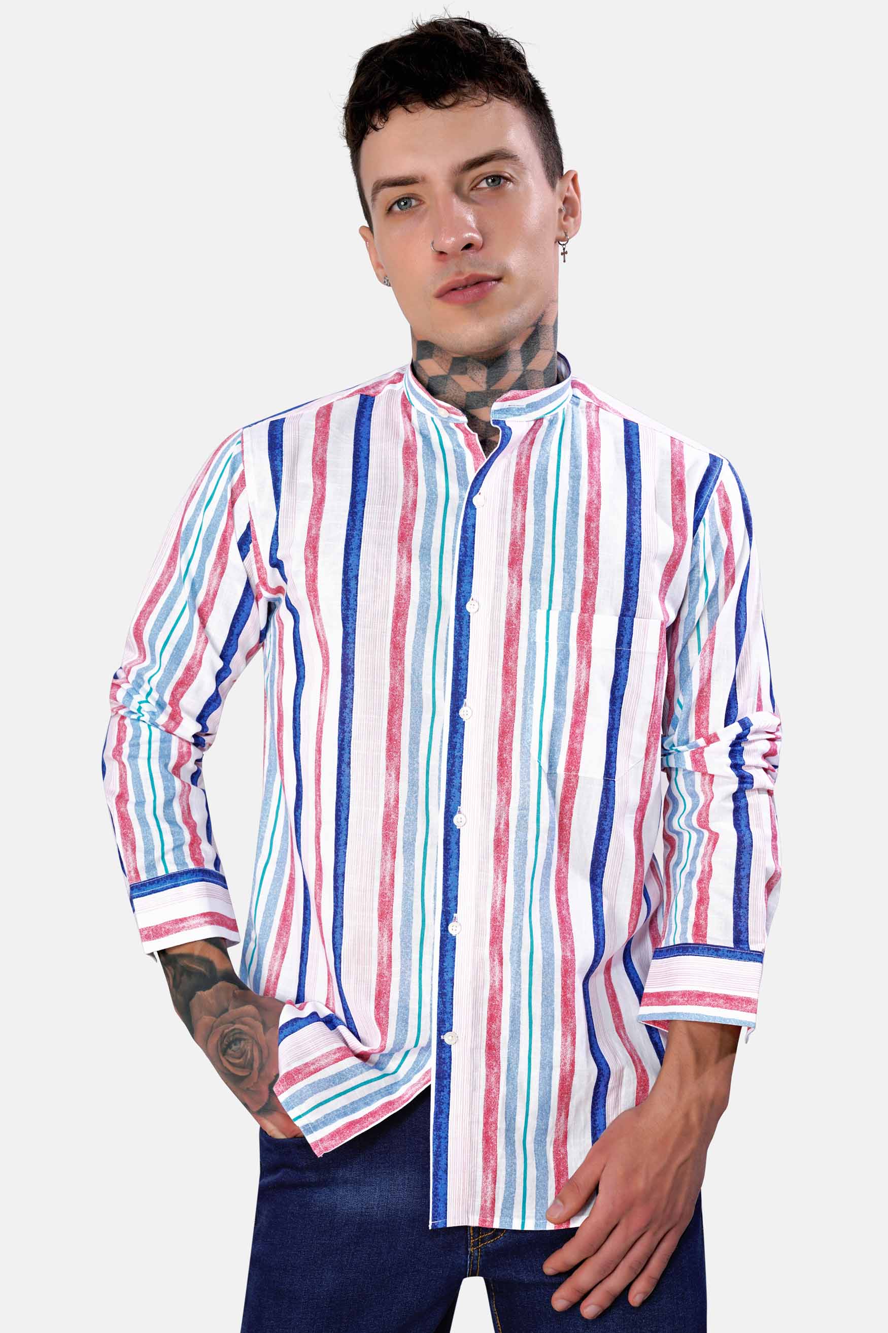 Bright White with Yale Blue and Cerise Pink Multicolour Striped Chambray Shirt