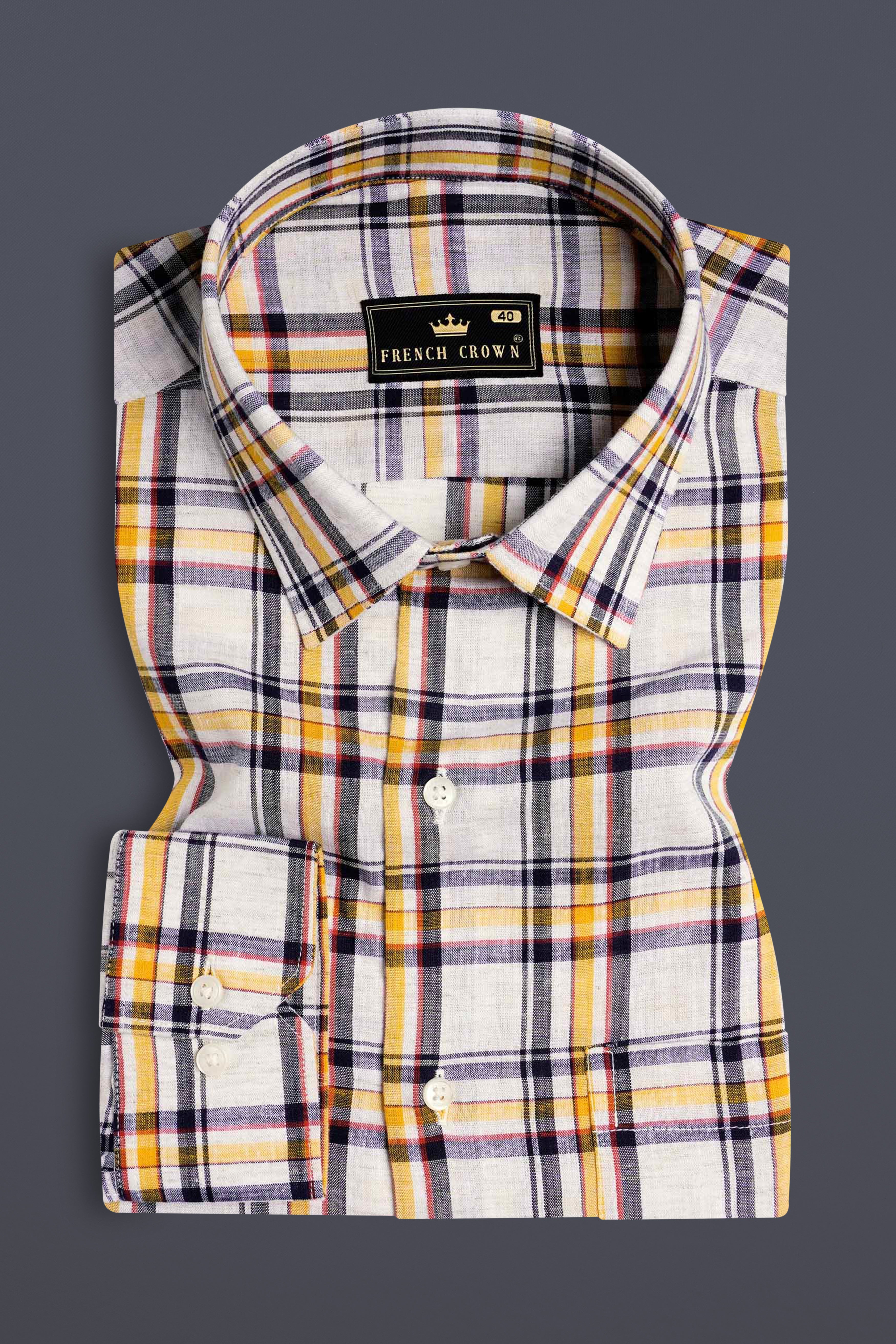 Bright White with Tahiti Brown and Haiti Blue Plaid Luxurious Linen Shirt