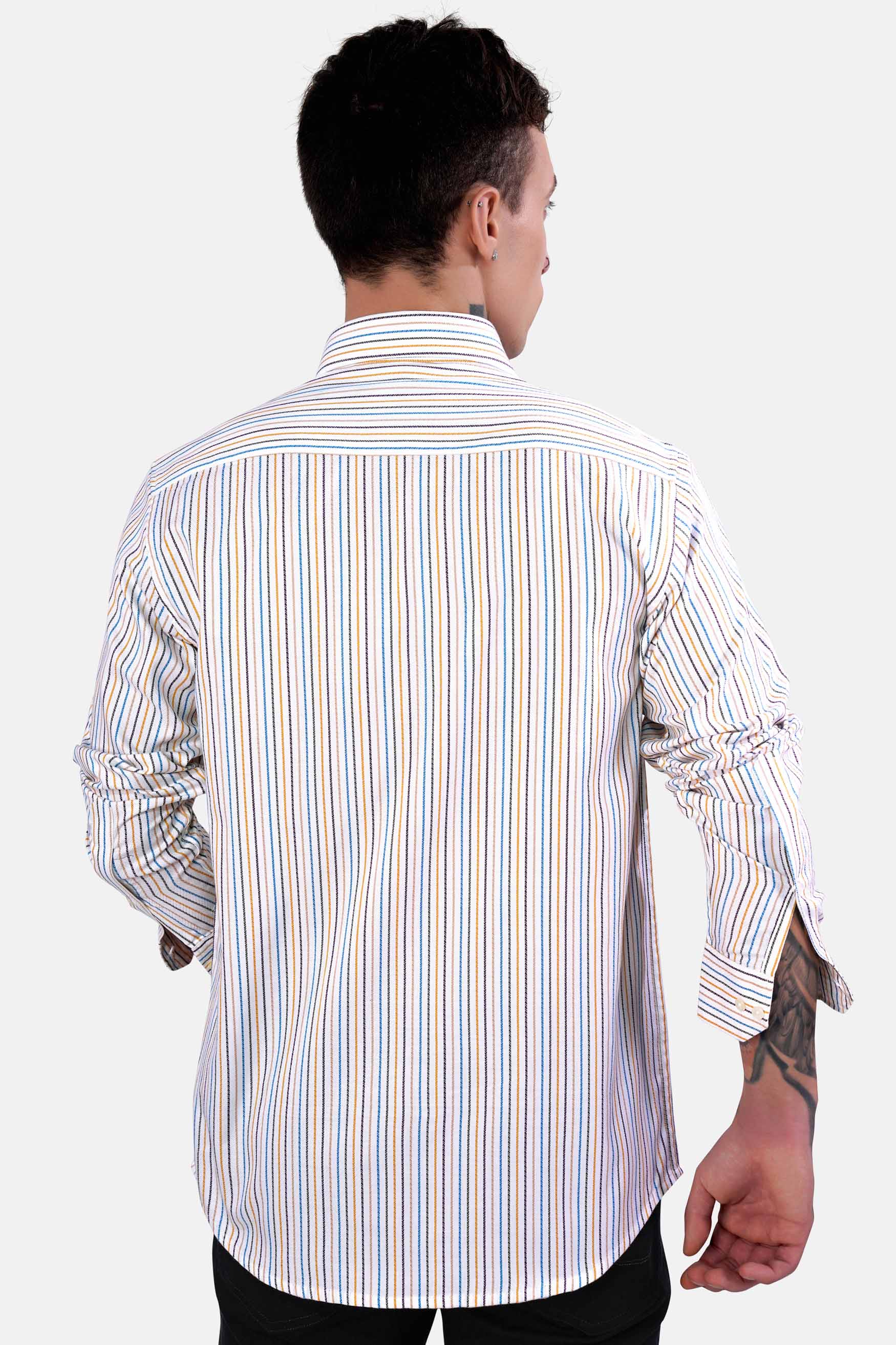Bright White Multicolour Striped Dobby Textured Premium Giza Cotton Shirt