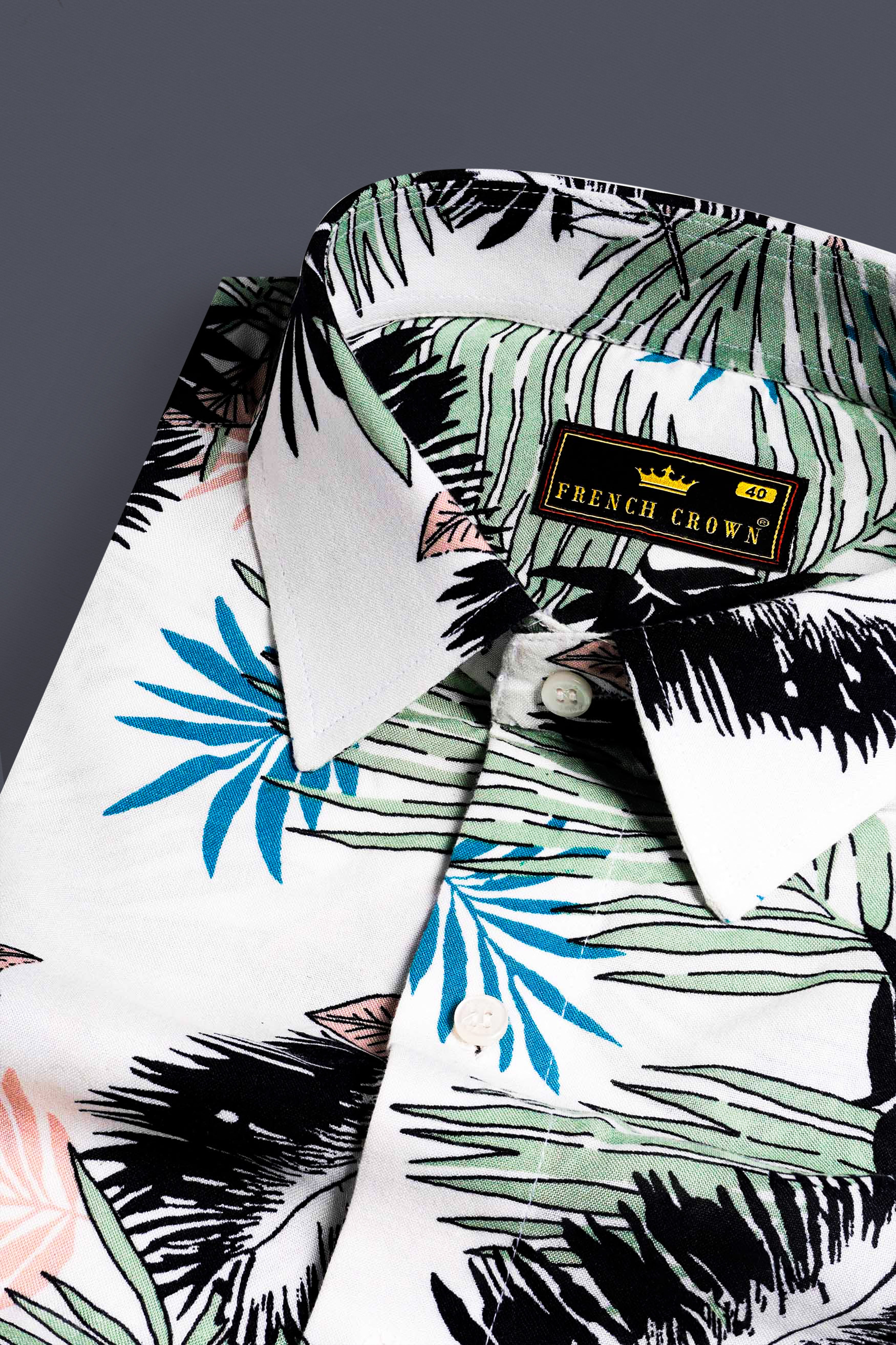 Bright White with Laurel Green and Black Tropical Printed Premium Tencel Shirt