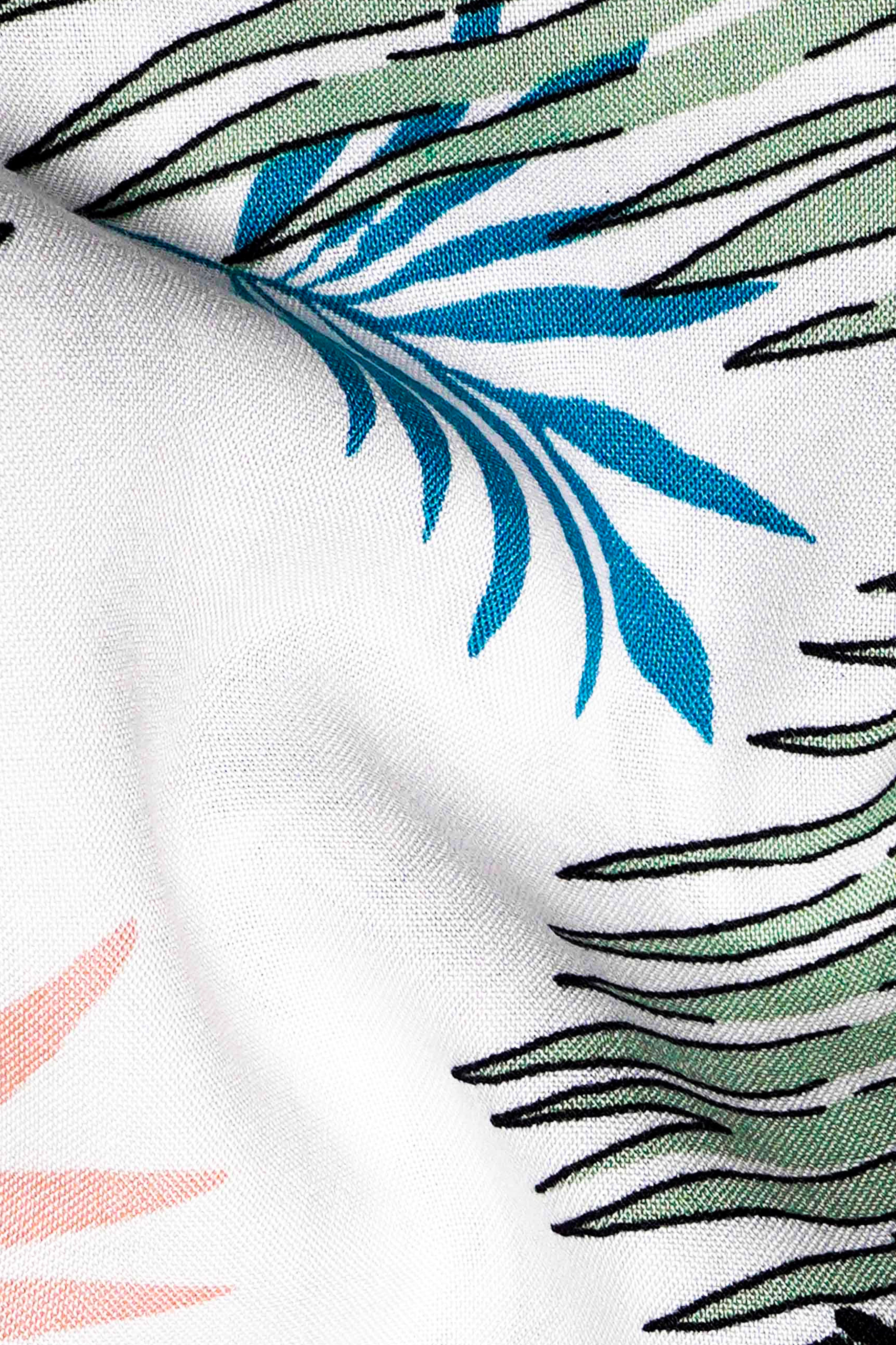 Bright White with Laurel Green and Black Tropical Printed Premium Tencel Shirt