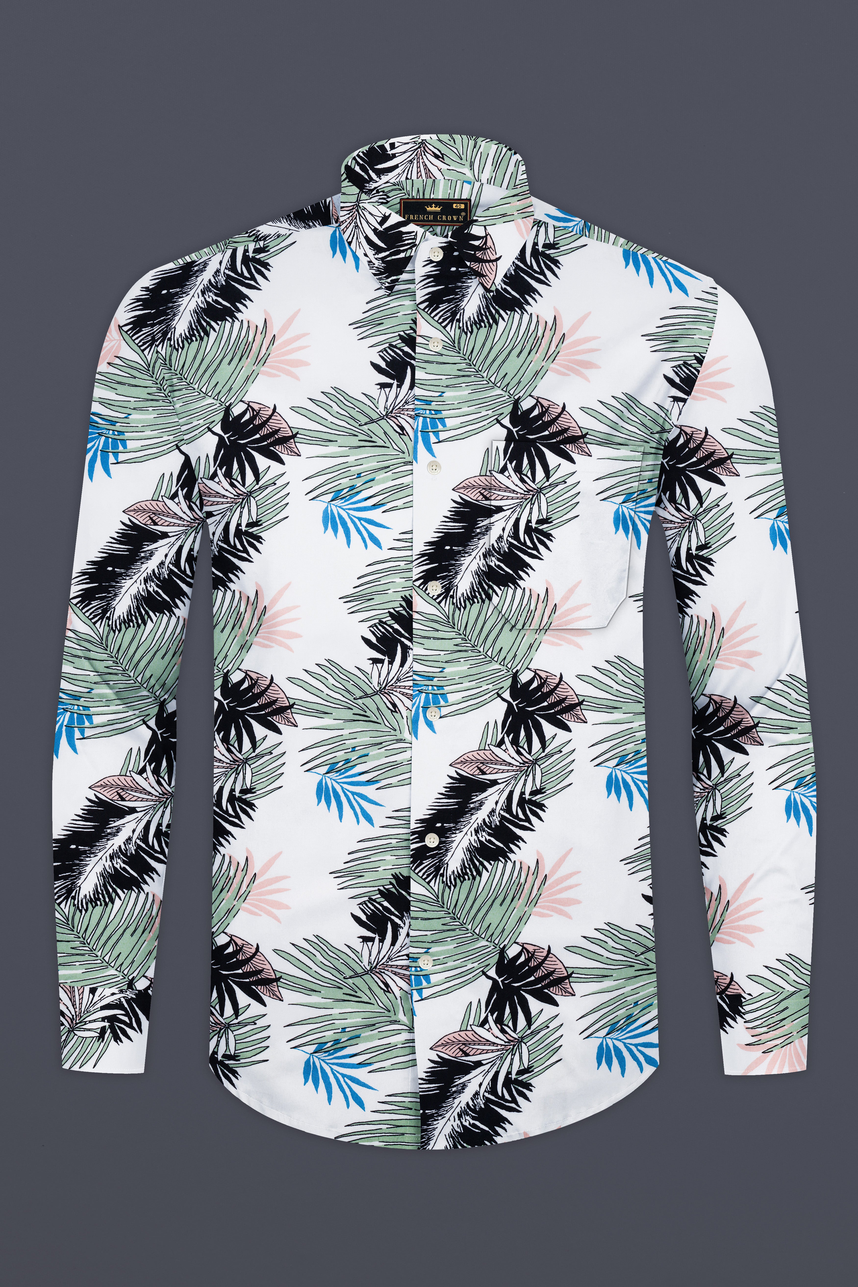 Bright White with Laurel Green and Black Tropical Printed Premium Tencel Shirt