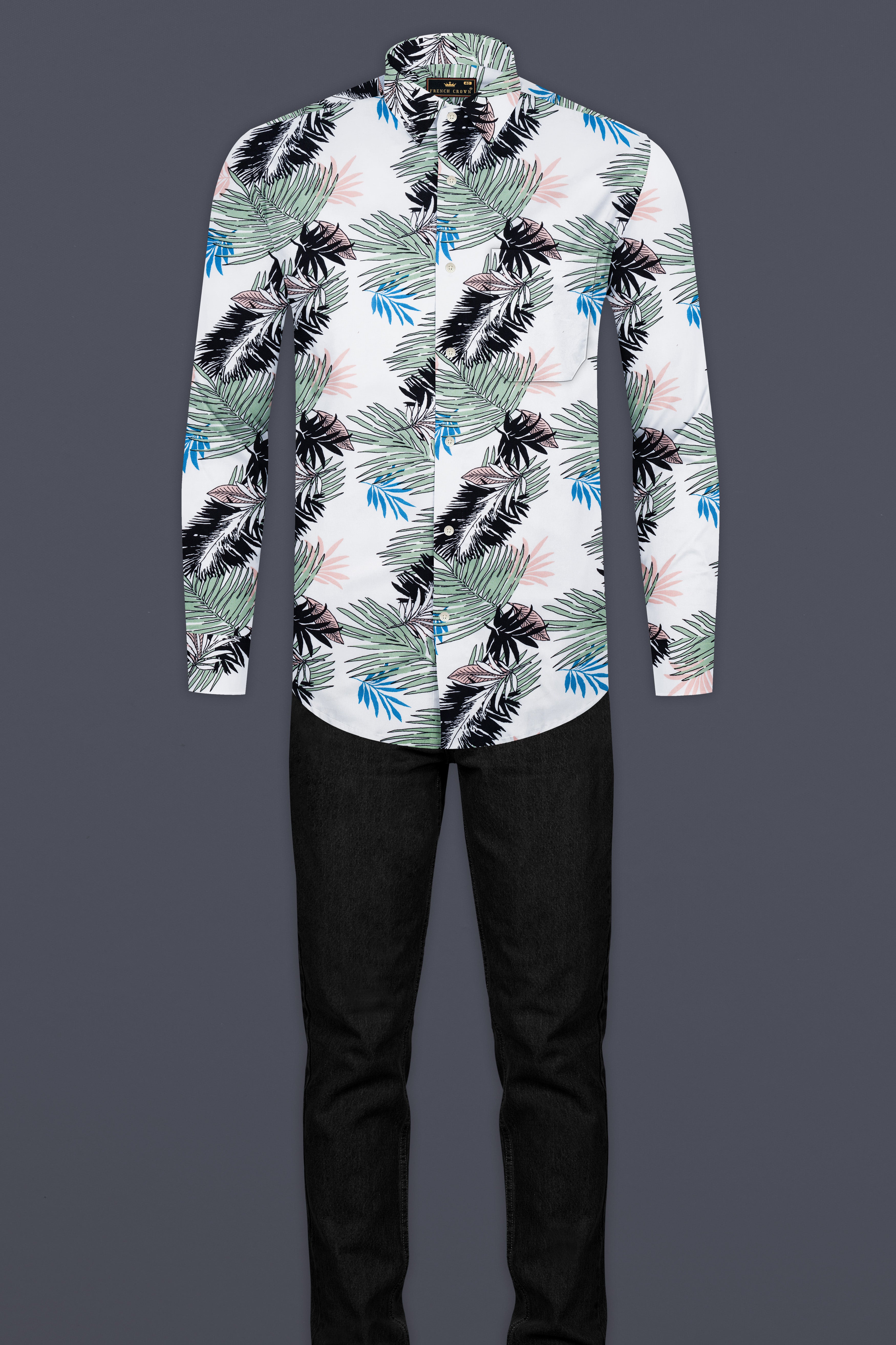 Bright White with Laurel Green and Black Tropical Printed Premium Tencel Shirt