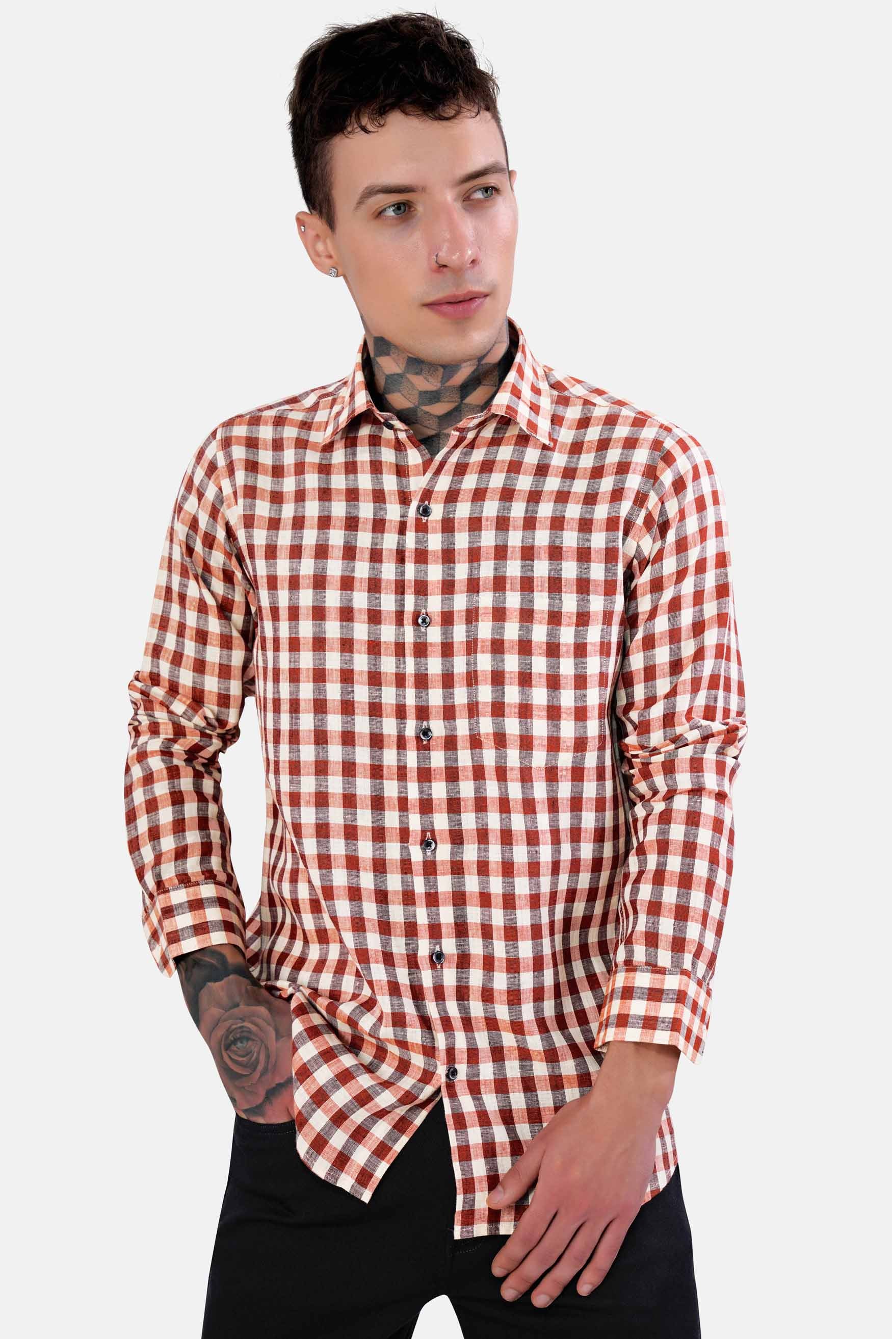 Auburn Red and White Checkered Luxurious Linen Shirt
