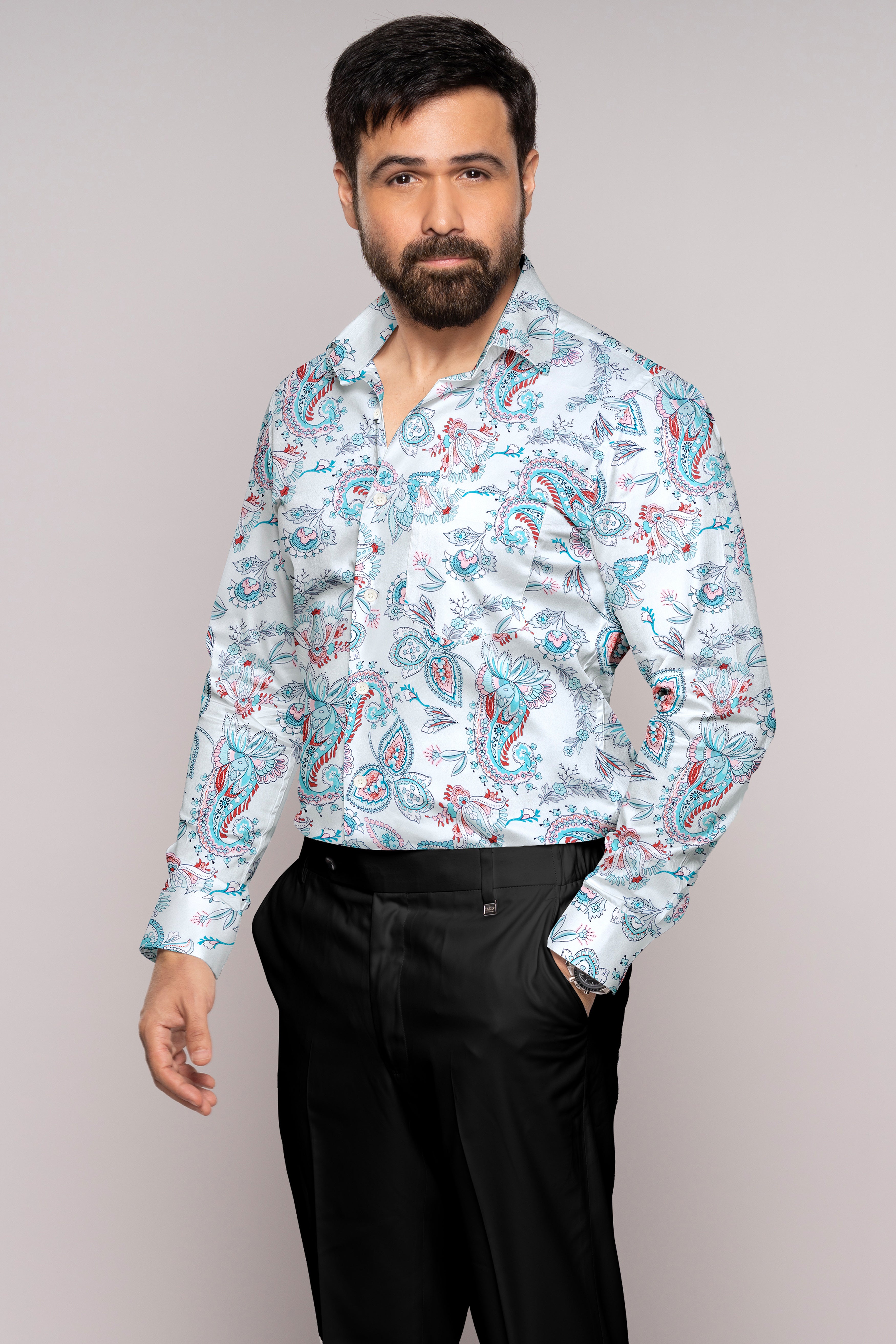 Bright White and Tiffany Blue Leaves Printed Subtle Sheen Super Soft Premium Cotton Shirt