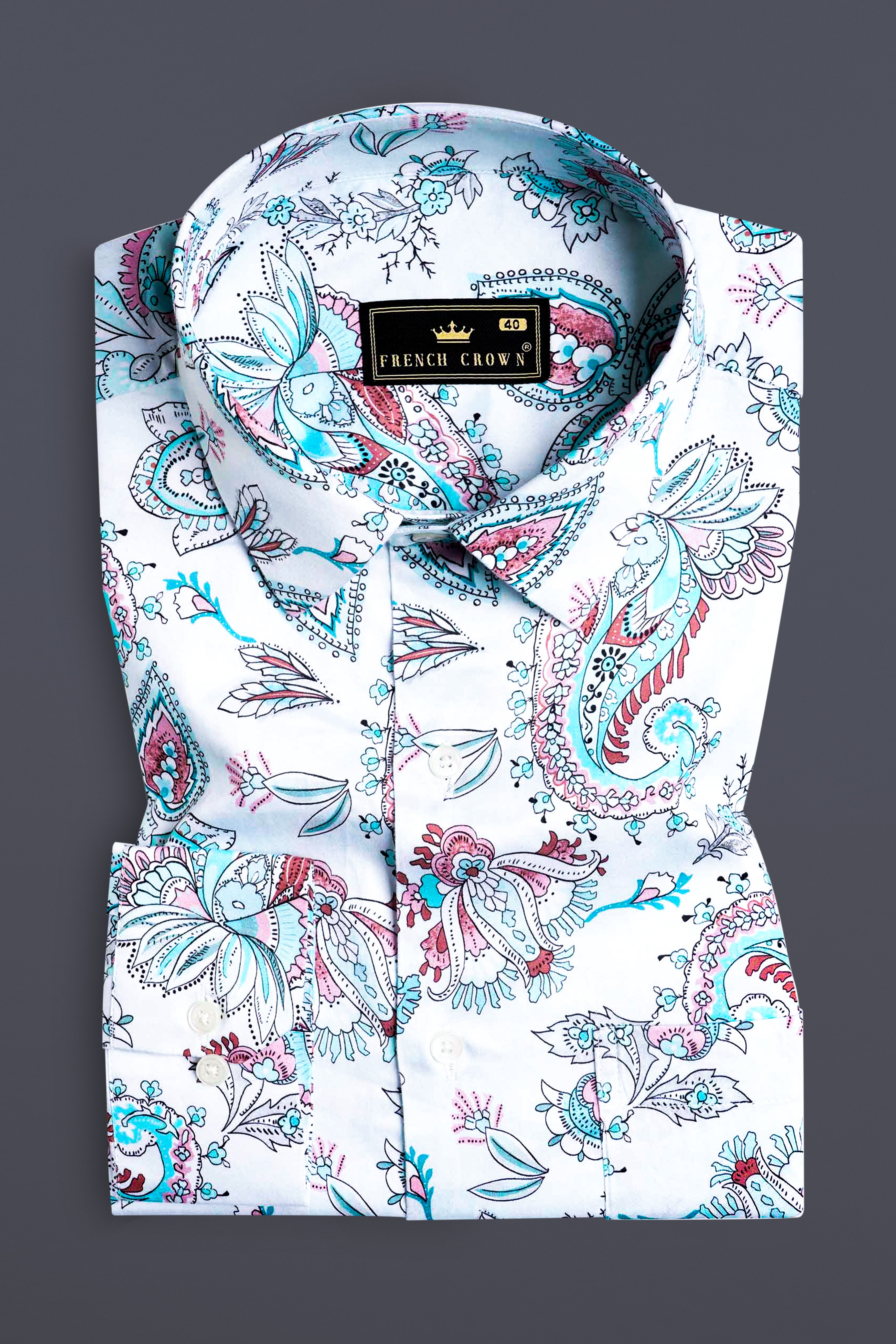 Bright White and Tiffany Blue Leaves Printed Subtle Sheen Super Soft Premium Cotton Shirt