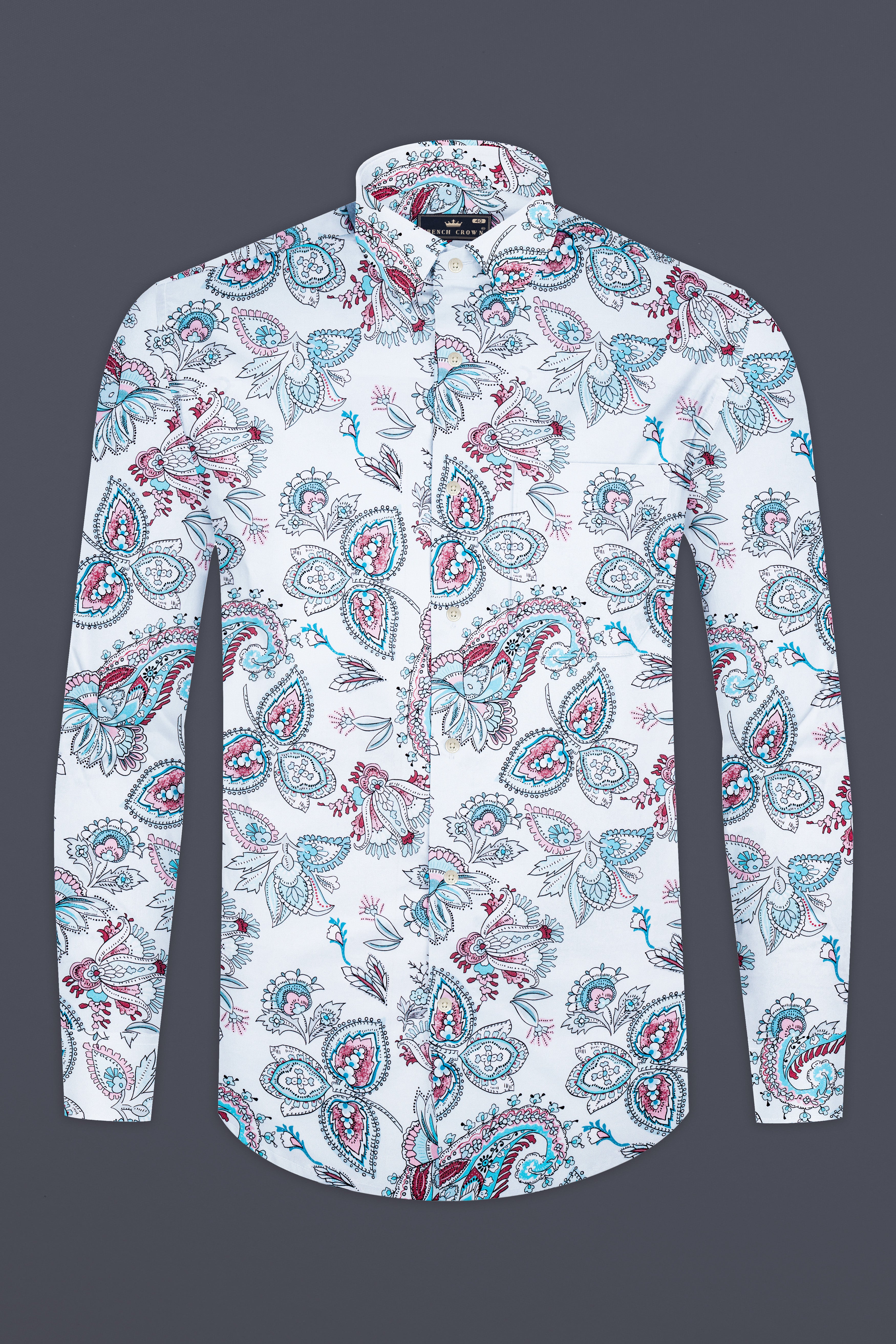 Bright White and Tiffany Blue Leaves Printed Subtle Sheen Super Soft Premium Cotton Shirt