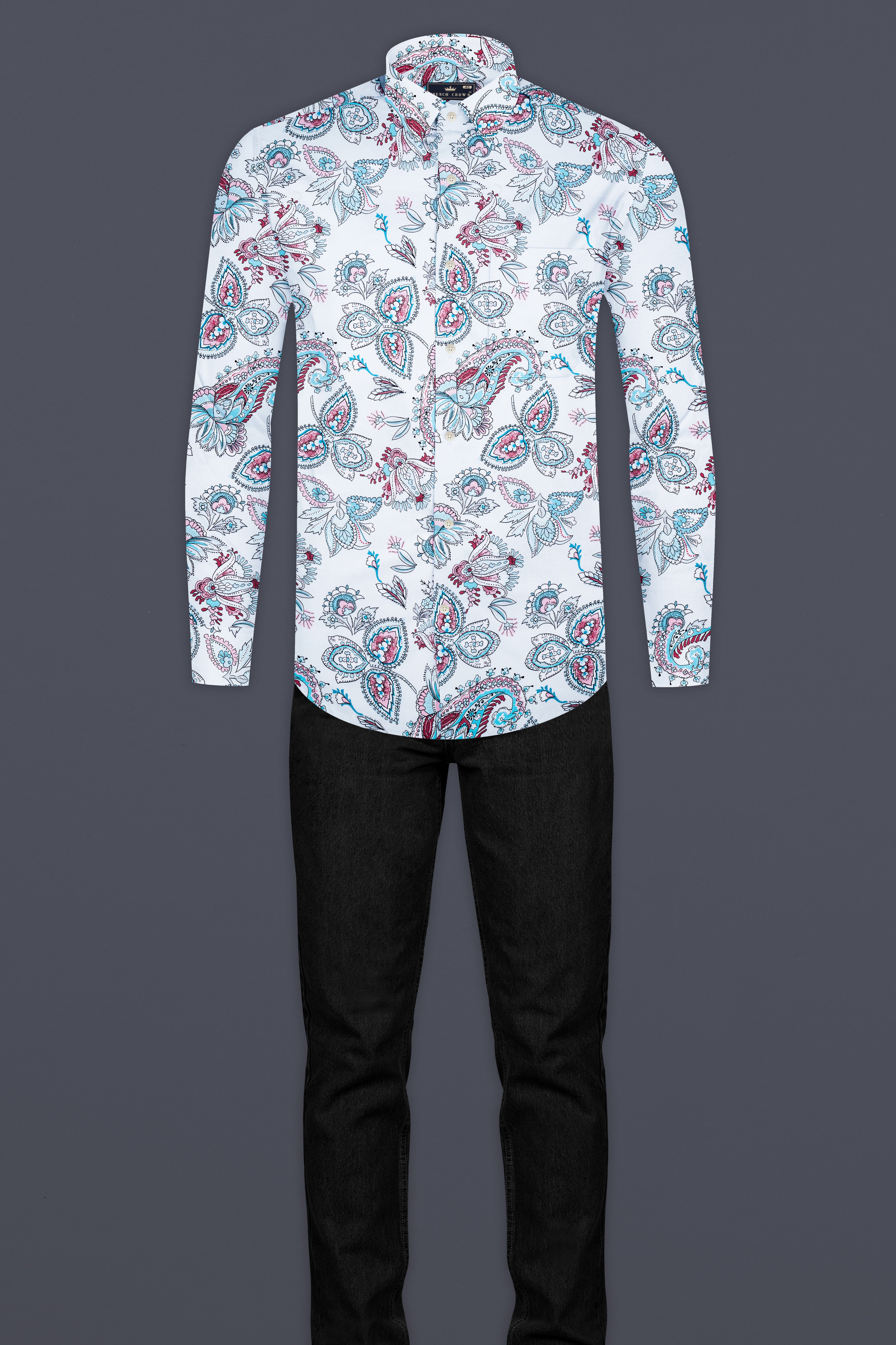 Bright White and Tiffany Blue Leaves Printed Subtle Sheen Super Soft Premium Cotton Shirt