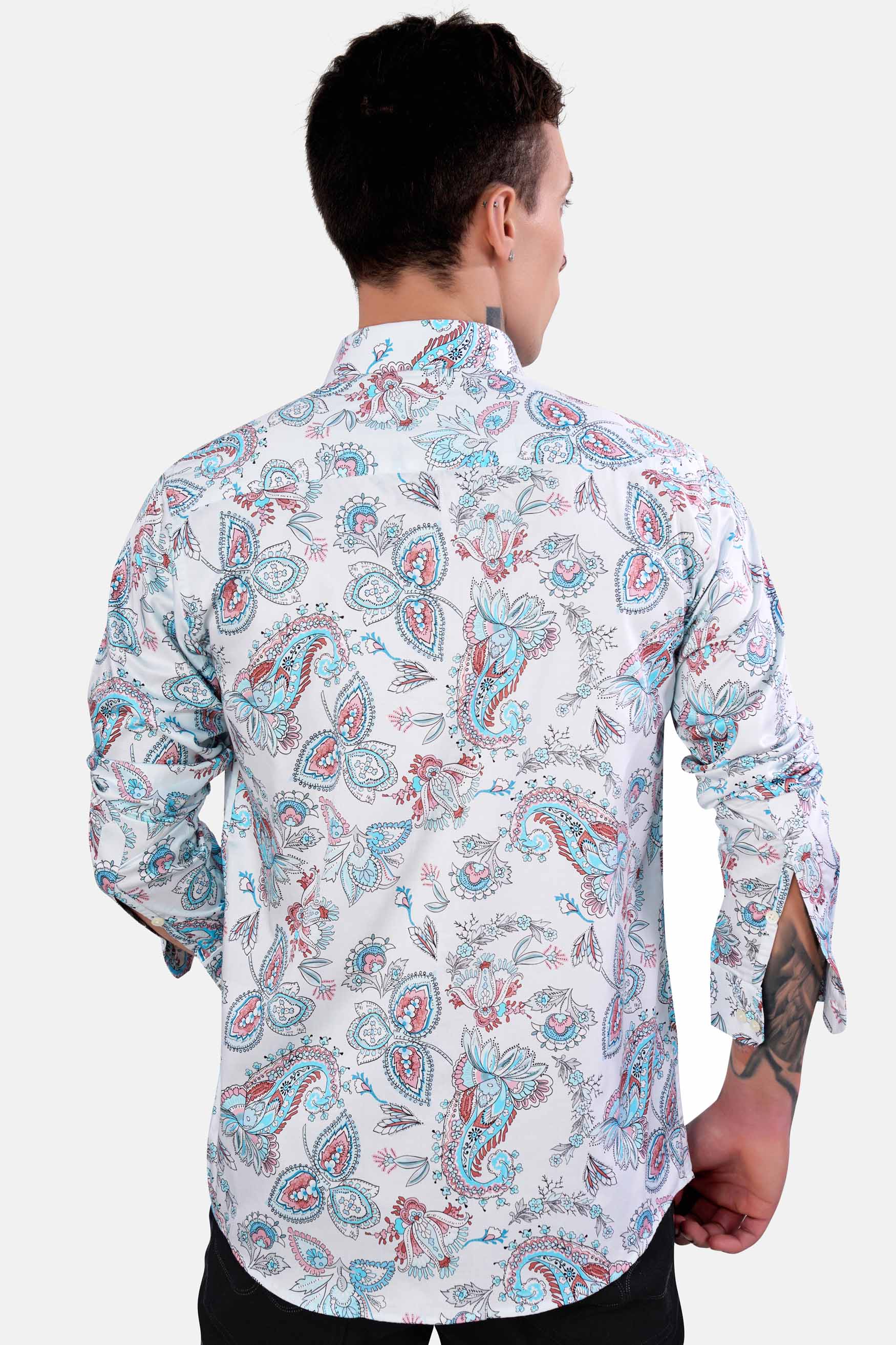 Bright White and Tiffany Blue Leaves Printed Subtle Sheen Super Soft Premium Cotton Shirt