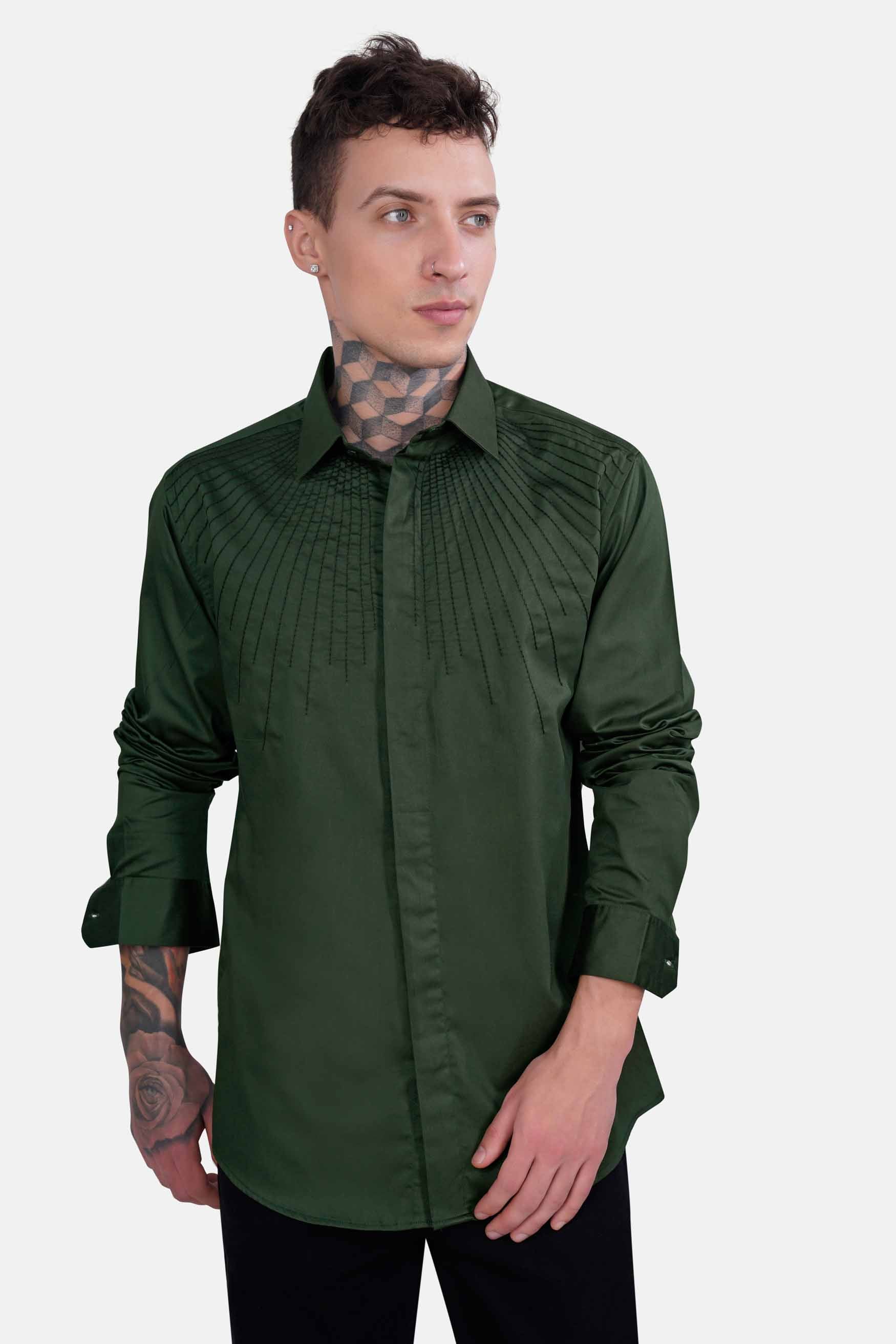 Pine Green Embroidered Subtle Sheen Super Soft Premium Cotton Designer Shirt