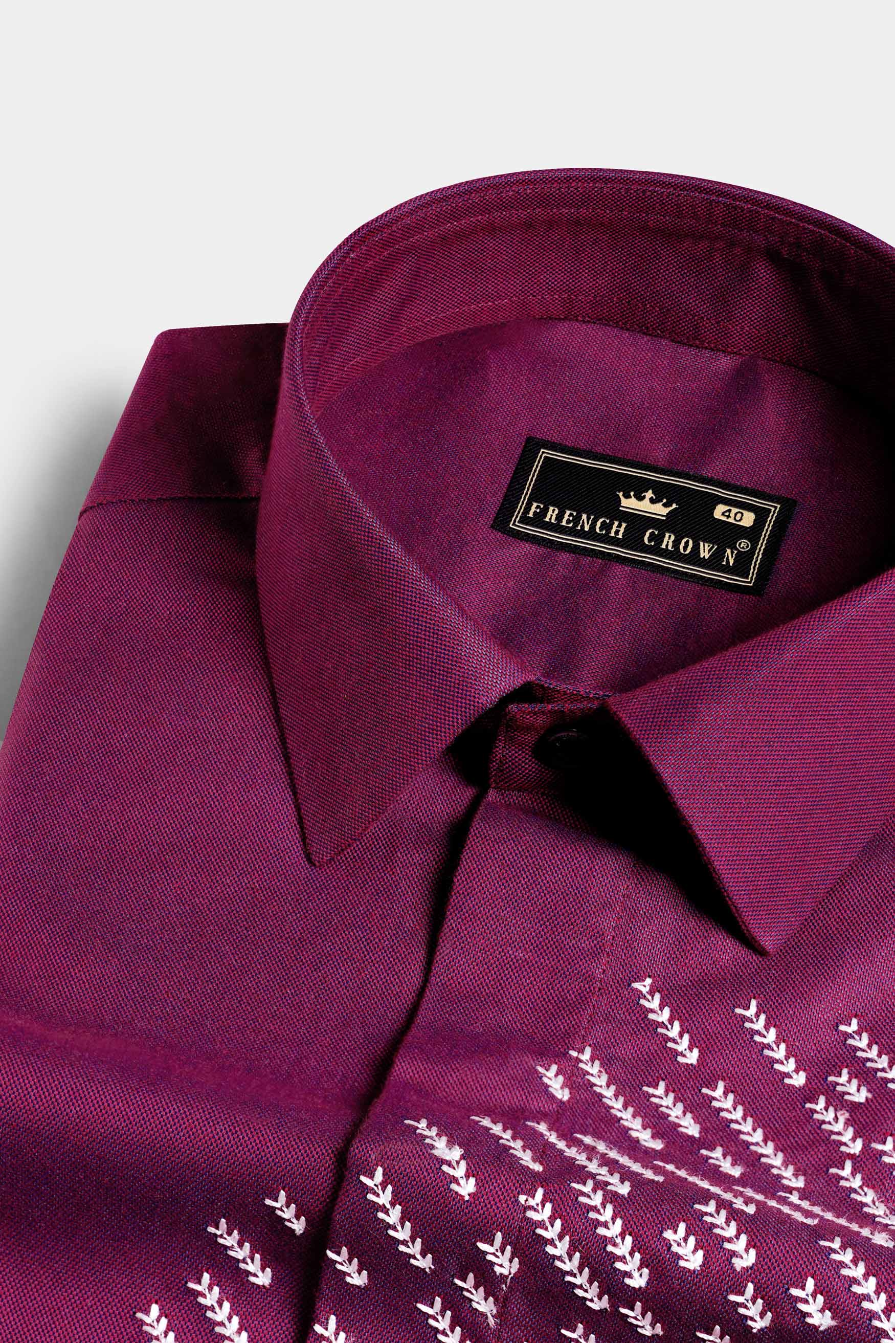 Mulberry Wine Leaves Embroidered Two Tone Royal Oxford Designer Shirt