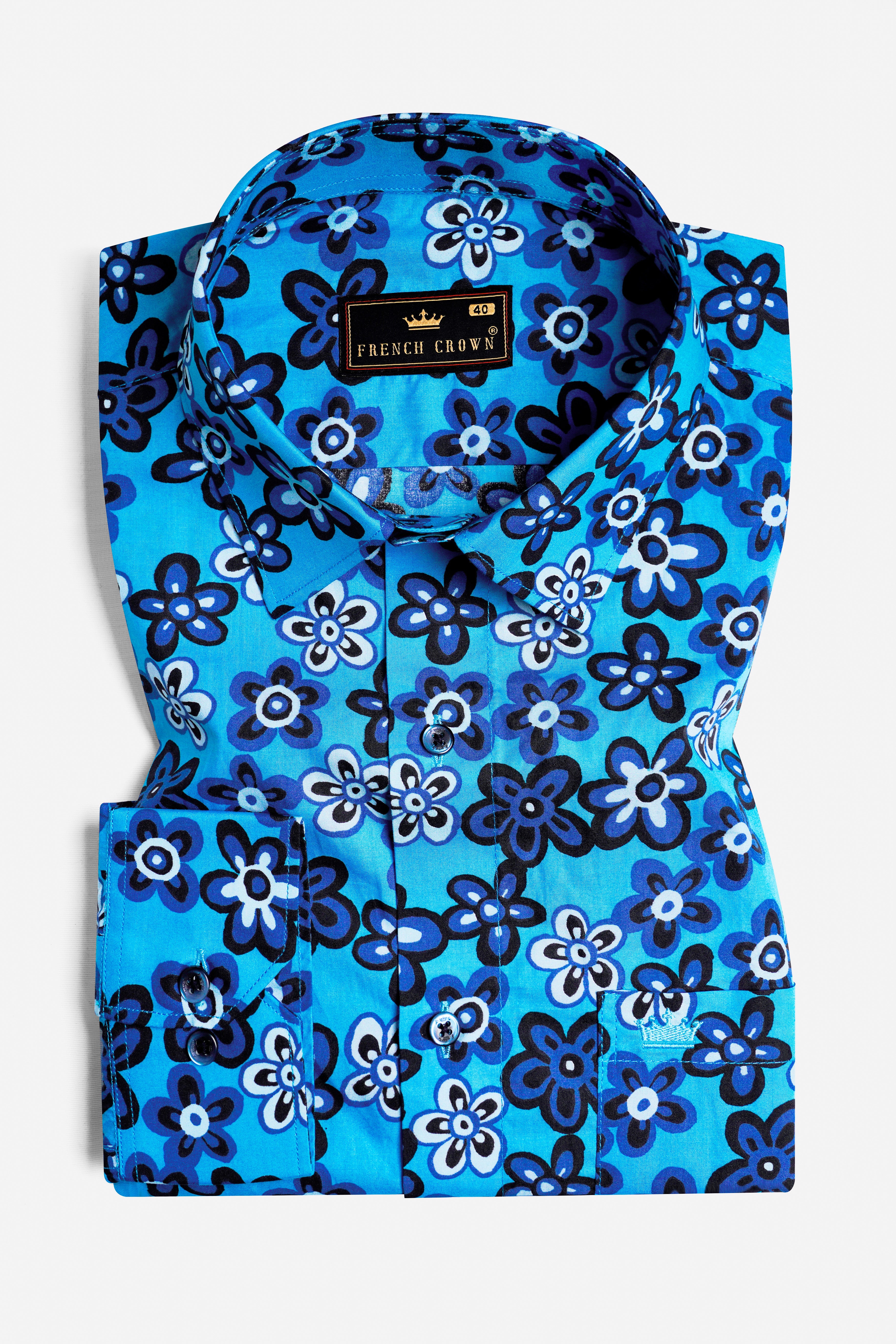 Mariner Blue Ditsy Printed Premium Cotton Shirt