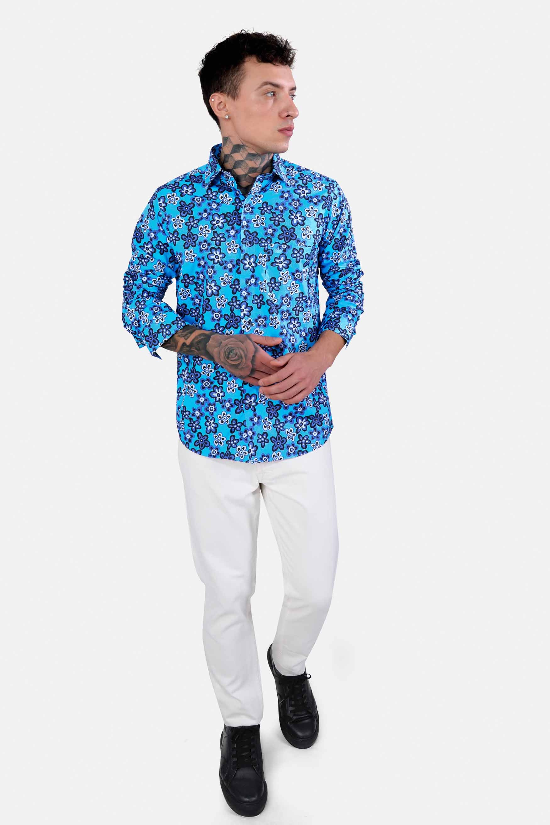 Mariner Blue Ditsy Printed Premium Cotton Shirt