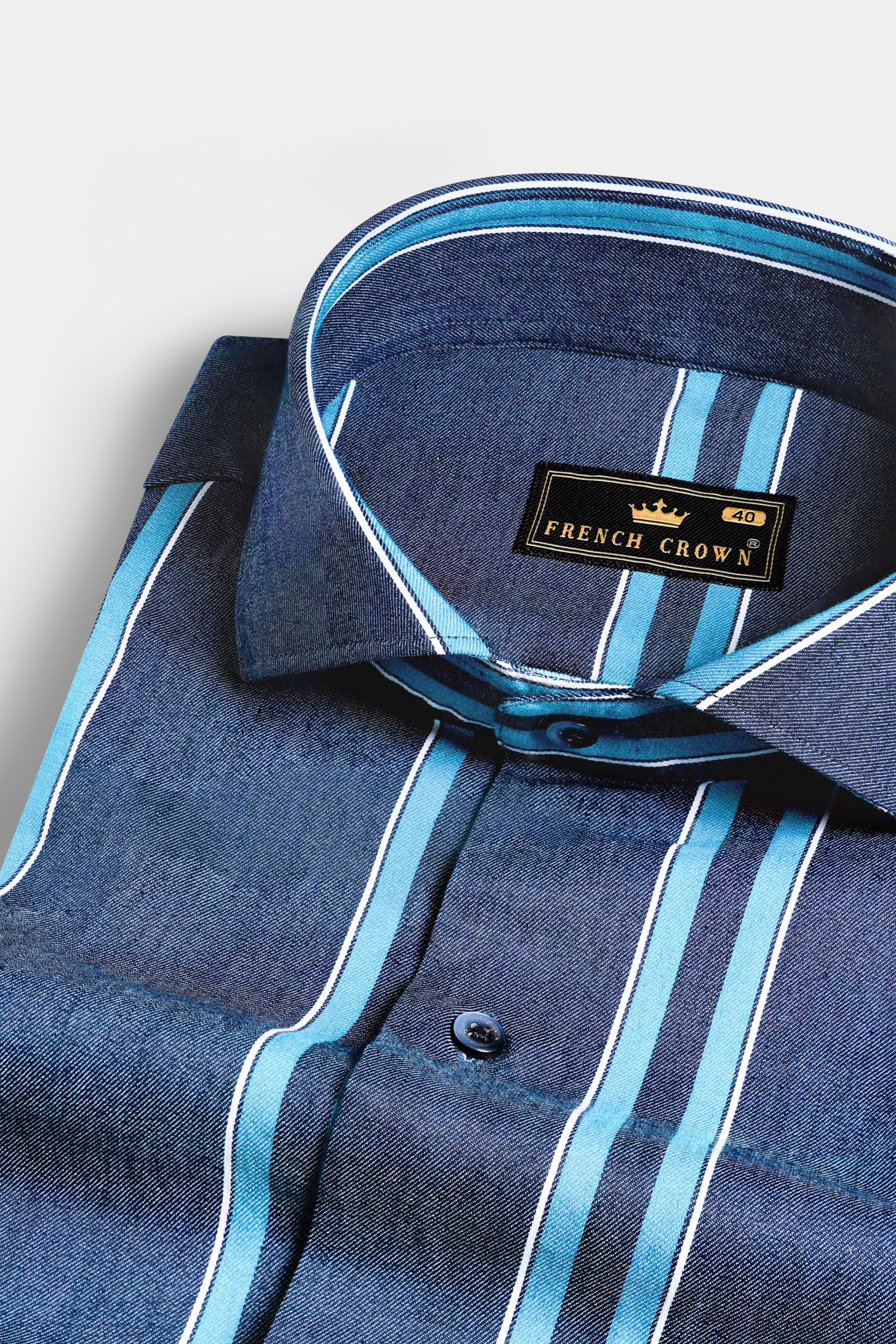 Fiord Blue and Cerulean Blue Striped Indigo Denim Shirt