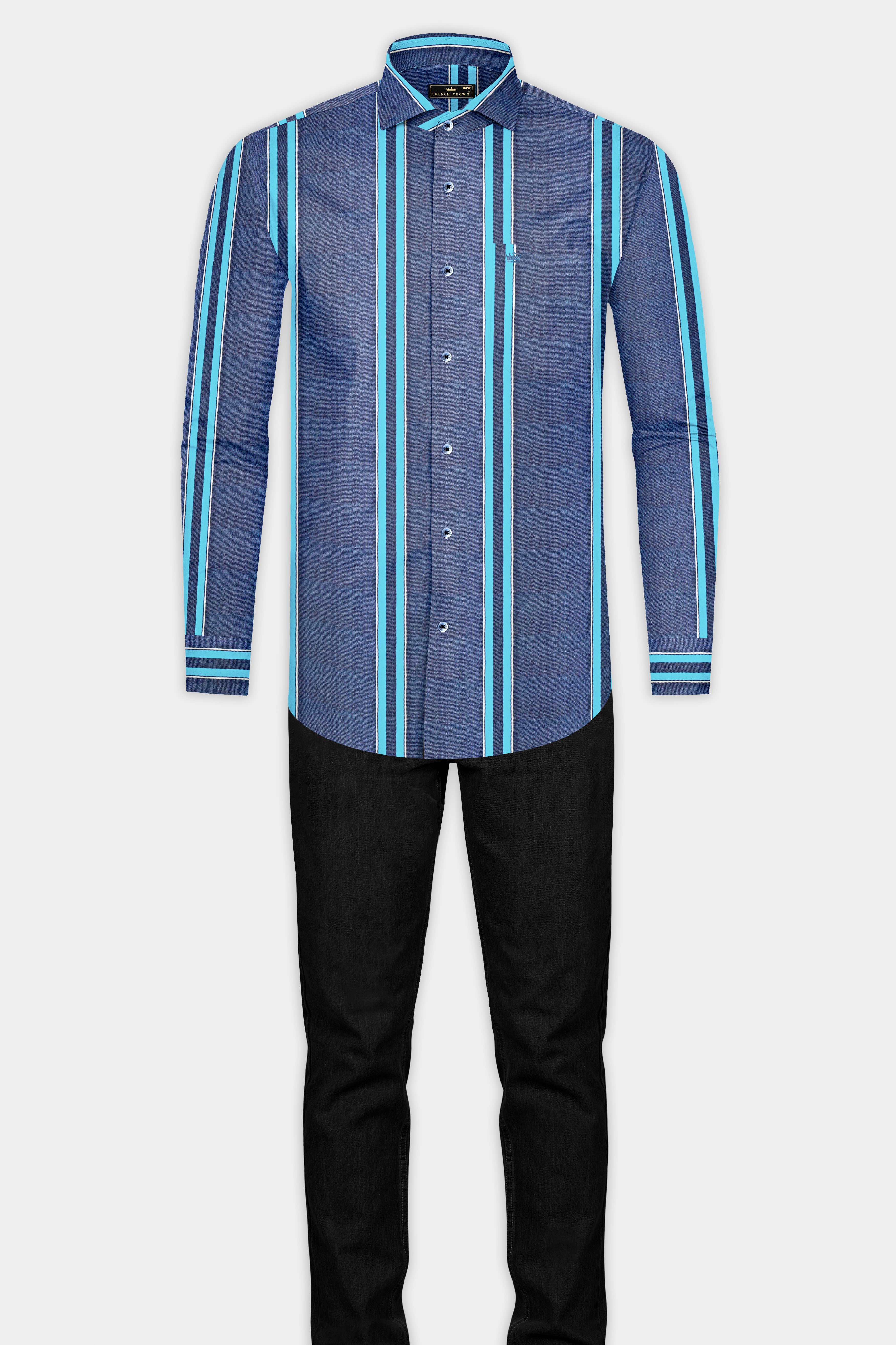 Fiord Blue and Cerulean Blue Striped Indigo Denim Shirt