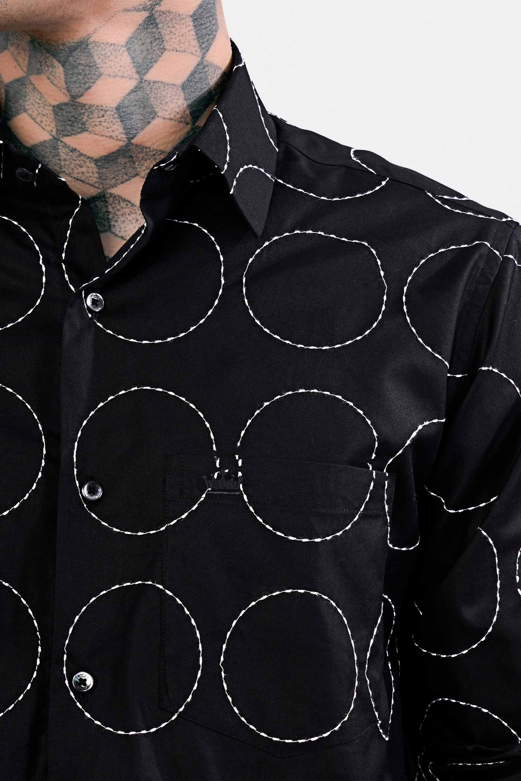 Jade Black and White Circles Embroidered Textured Luxurious linen Designer Shirt