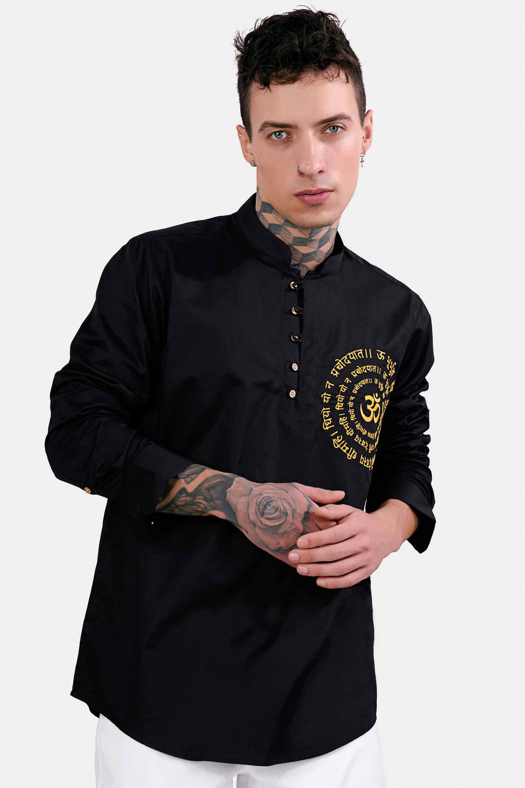 JADE BLACK GAYATRI MANTRA EMBROIDERED SUBTLE SHEEN SUPER SOFT PREMIUM COTTON DESIGNER KURTA SHIRT