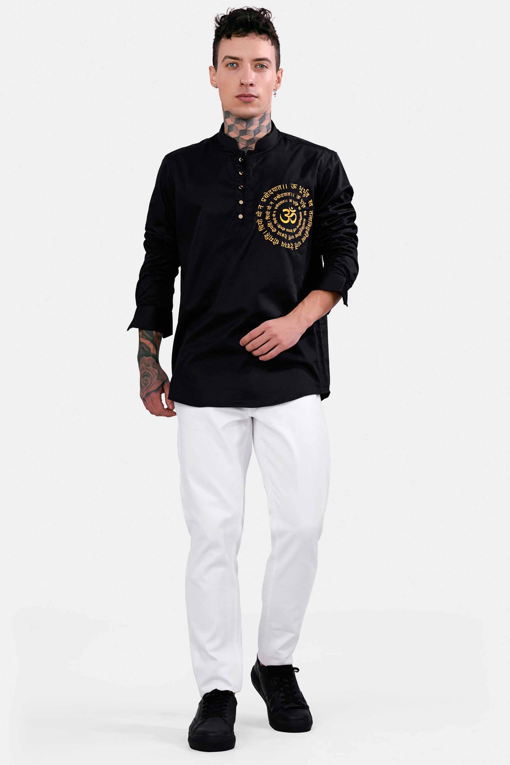 Jade Black Gayatri Mantra Embroidered Subtle Sheen Super Soft Premium Cotton Designer Kurta Shirt