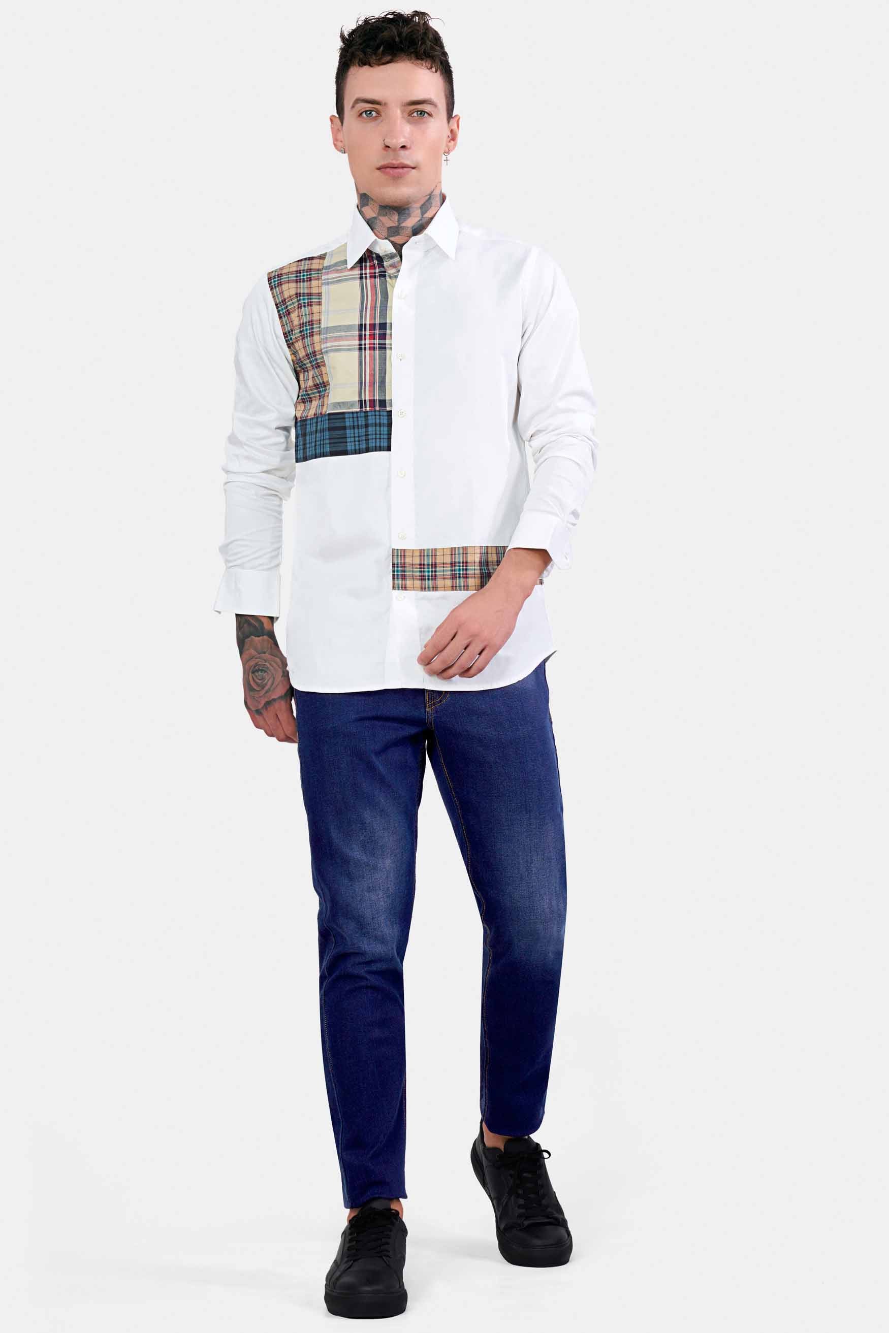 Bright White with Multicolour Checkered Subtle Sheen Super Soft Premium Cotton Designer Shirt