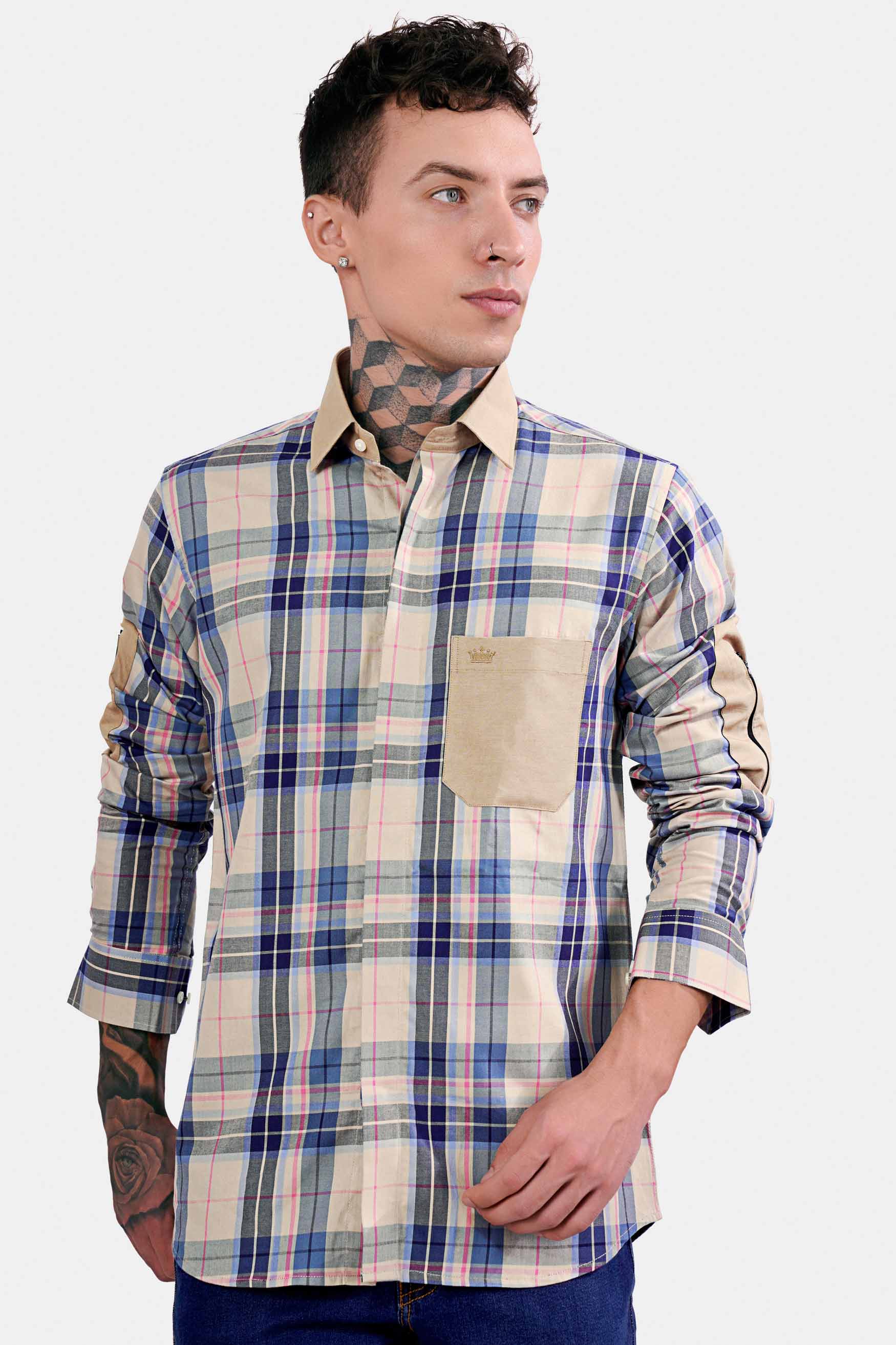Shell Brown and Lapis Blue Twill Plaid Premium Cotton Designer Shirt