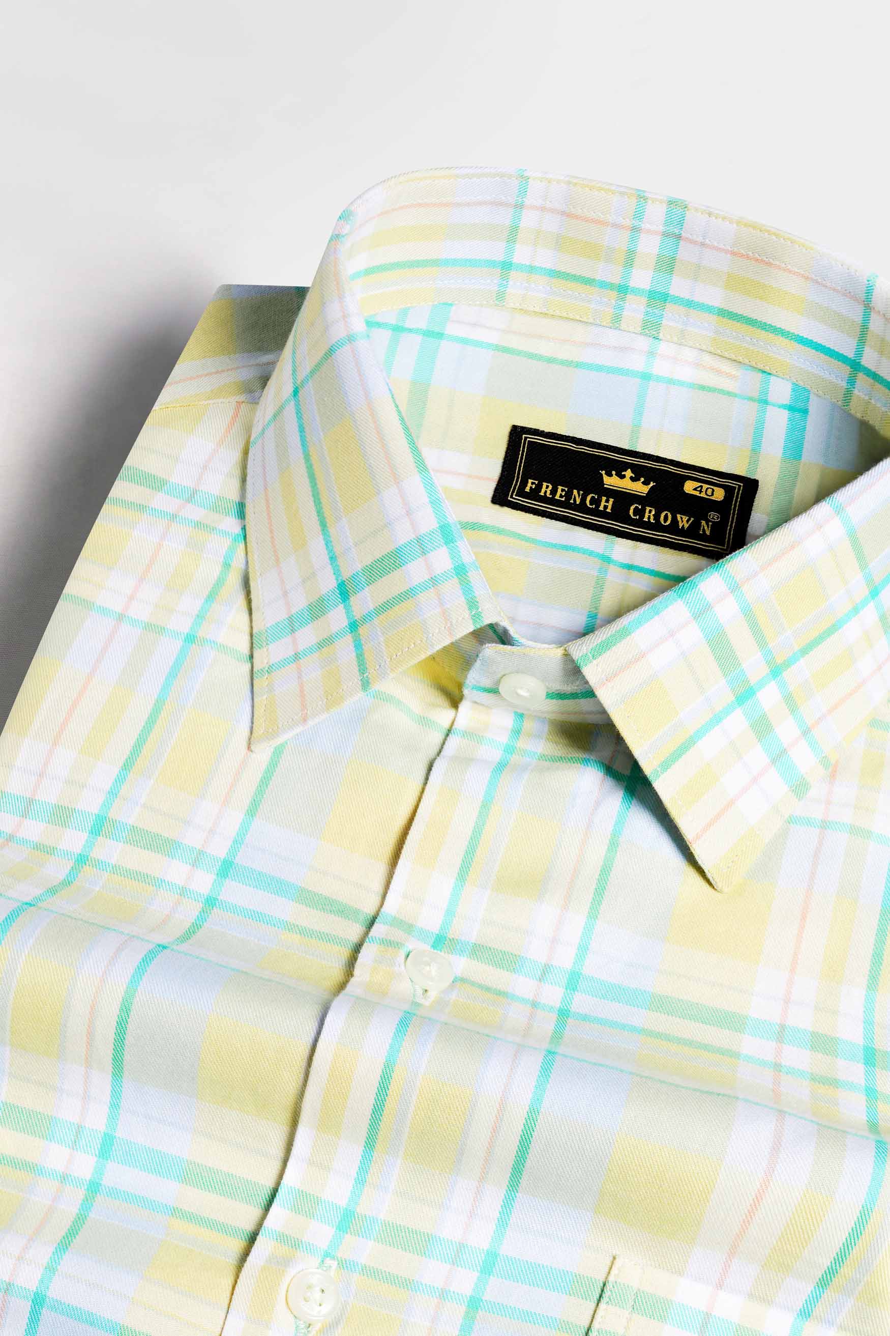 Arylide Brown with White and Teal Green Twill Plaid Premium Cotton Shirt