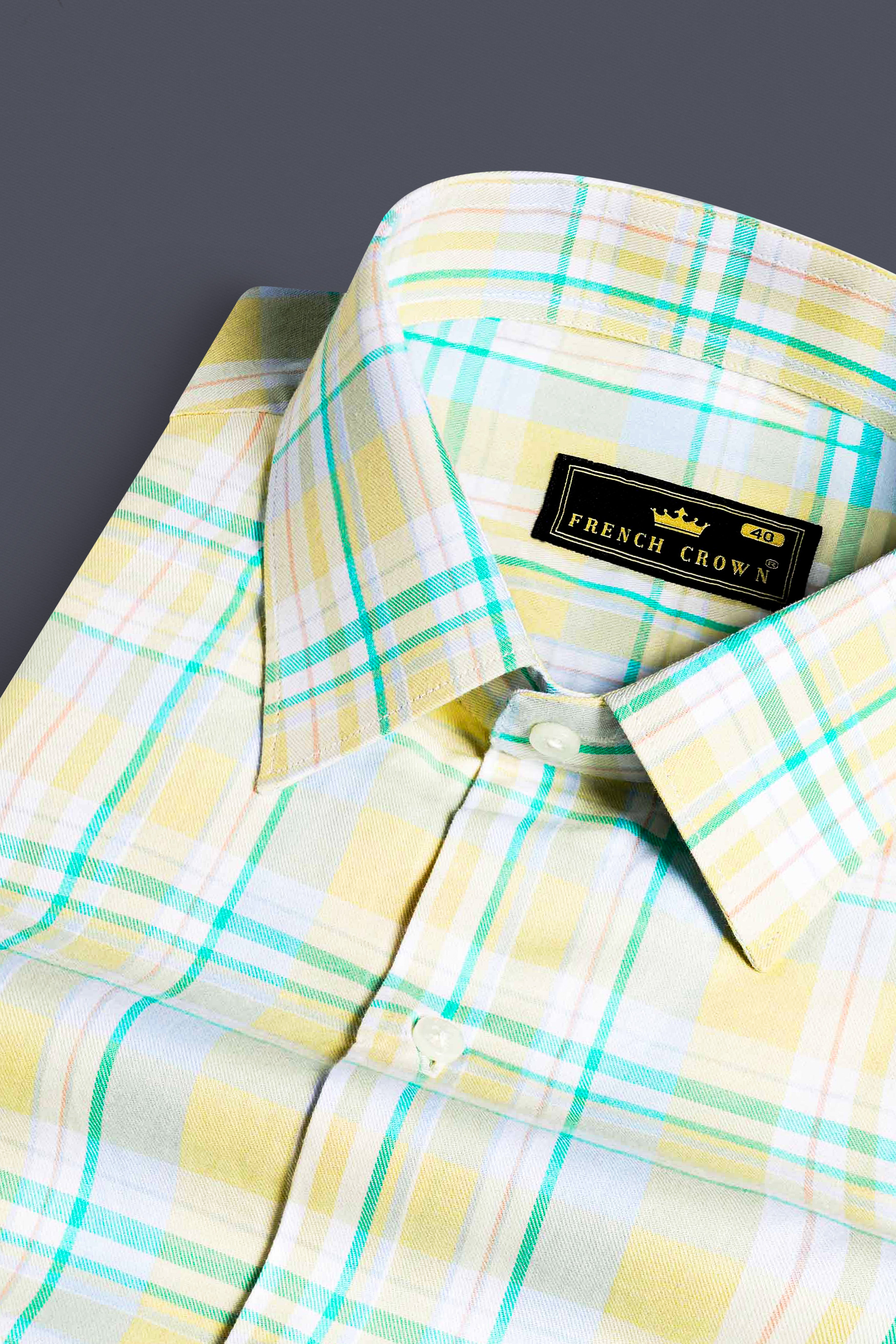 Arylide Brown with White and Teal Green Twill Plaid Premium Cotton Shirt