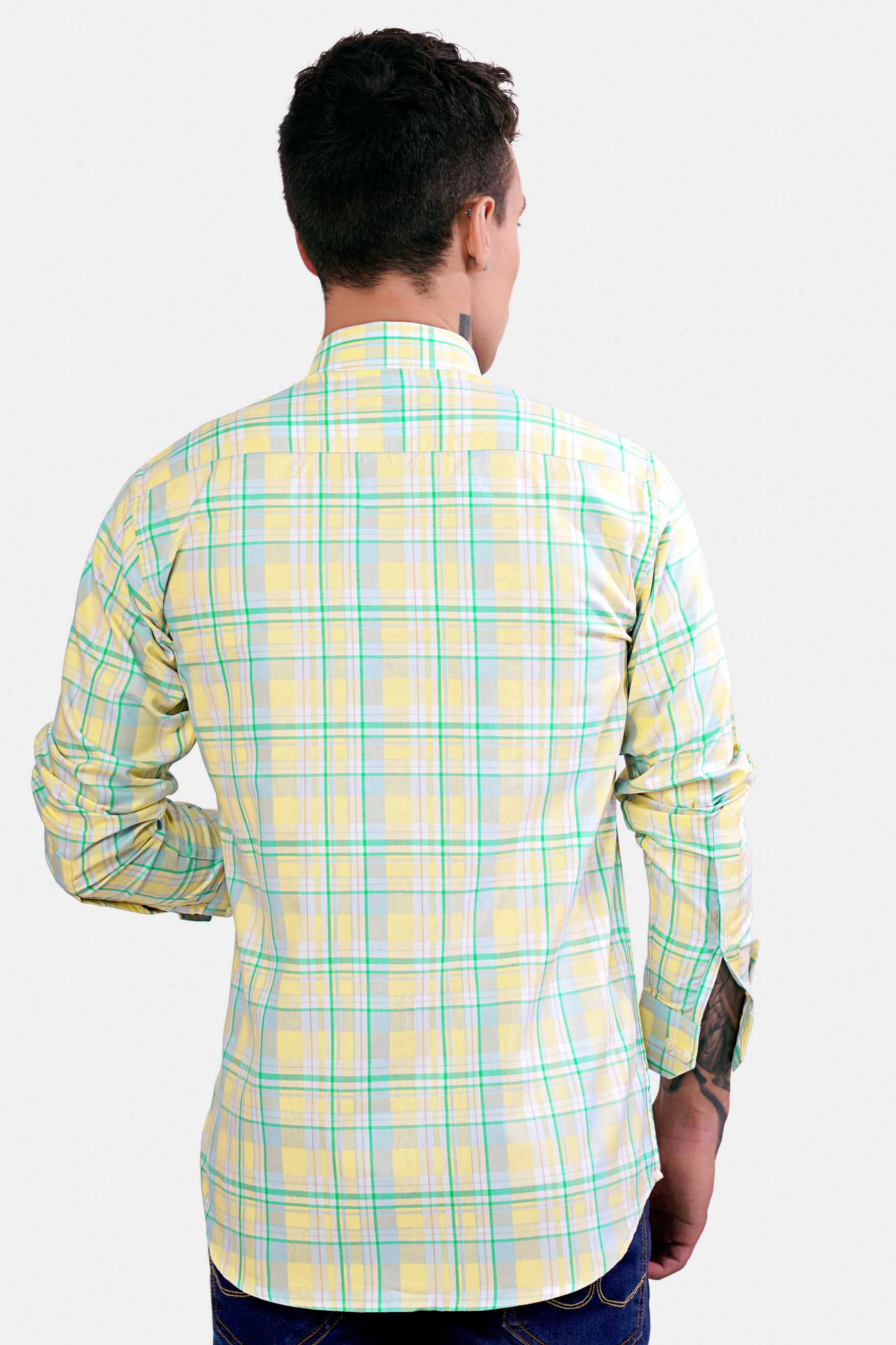 Arylide Brown with White and Teal Green Twill Plaid Premium Cotton Shirt