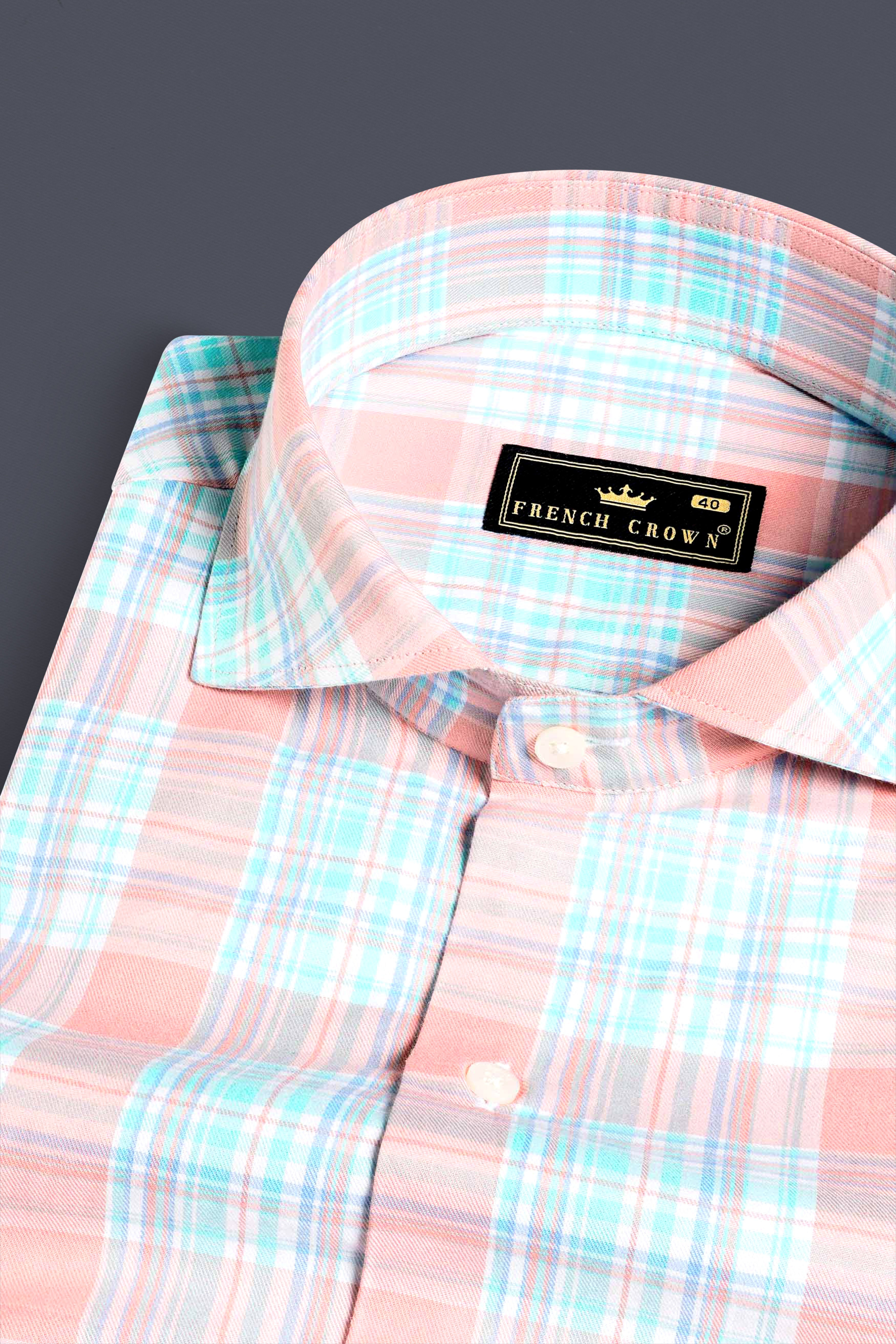 Blush Pink and Turquoise Blue Twill Plaid Premium Cotton Shirt