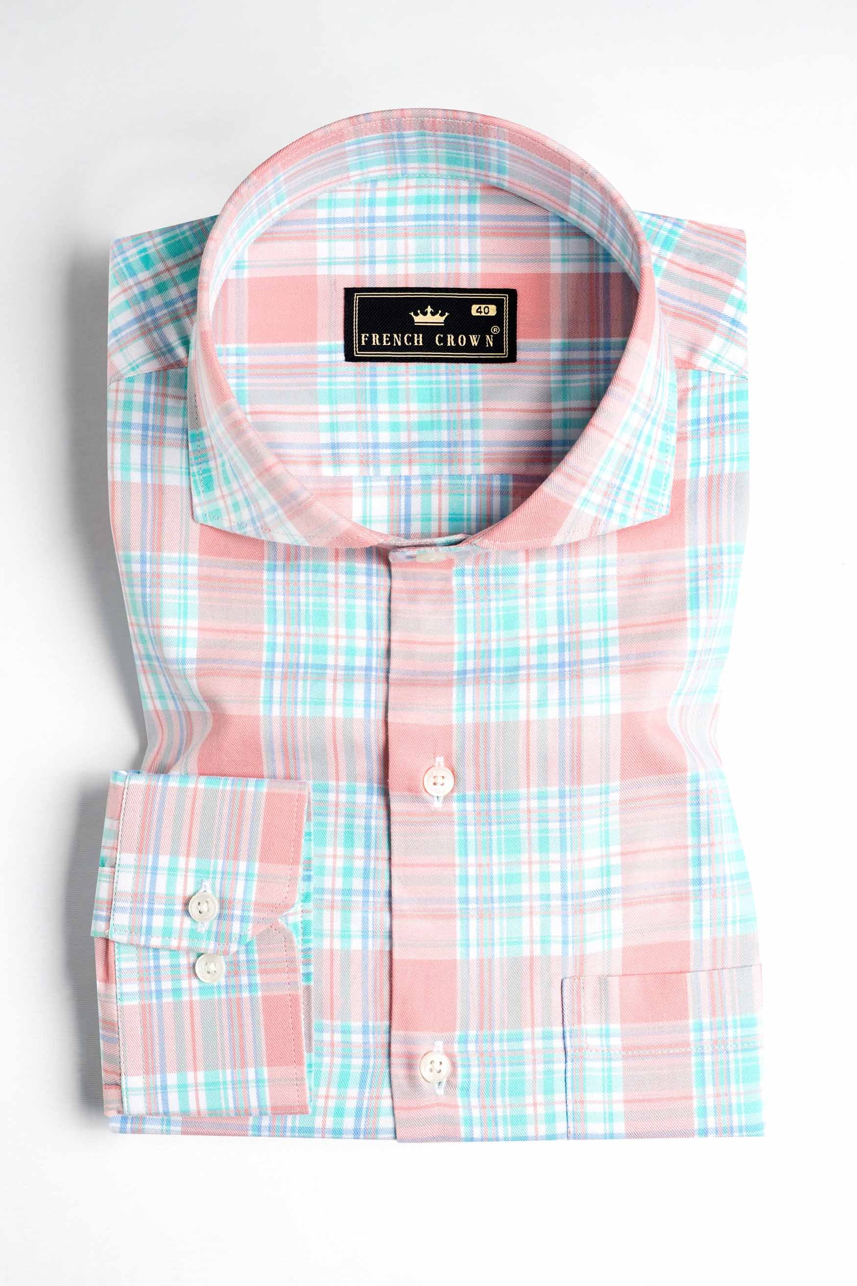 Blush Pink and Turquoise Blue Twill Plaid Premium Cotton Shirt