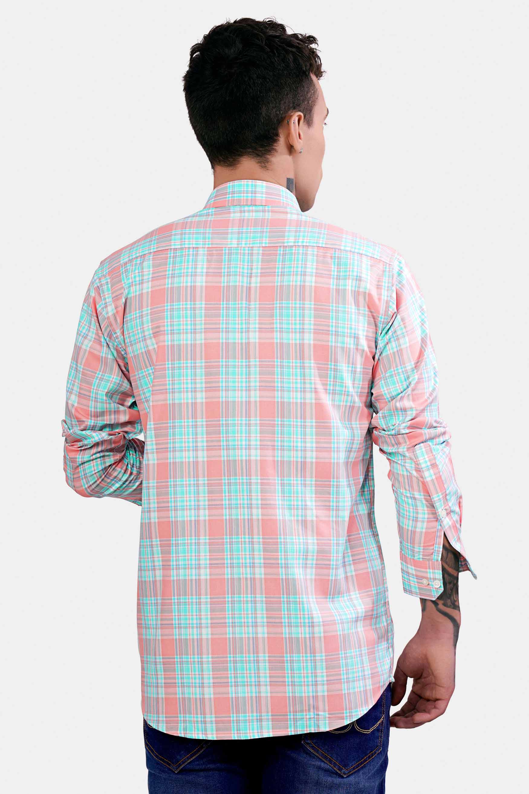 Blush Pink and Turquoise Blue Twill Plaid Premium Cotton Shirt