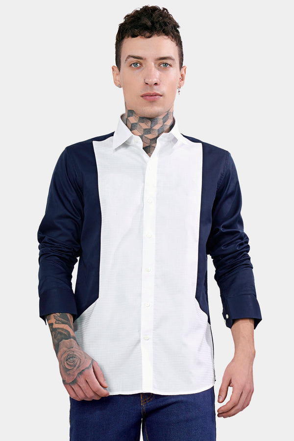 Bright White and Midnight Blue Dobby Textured Premium Giza Cotton Designer Shirt