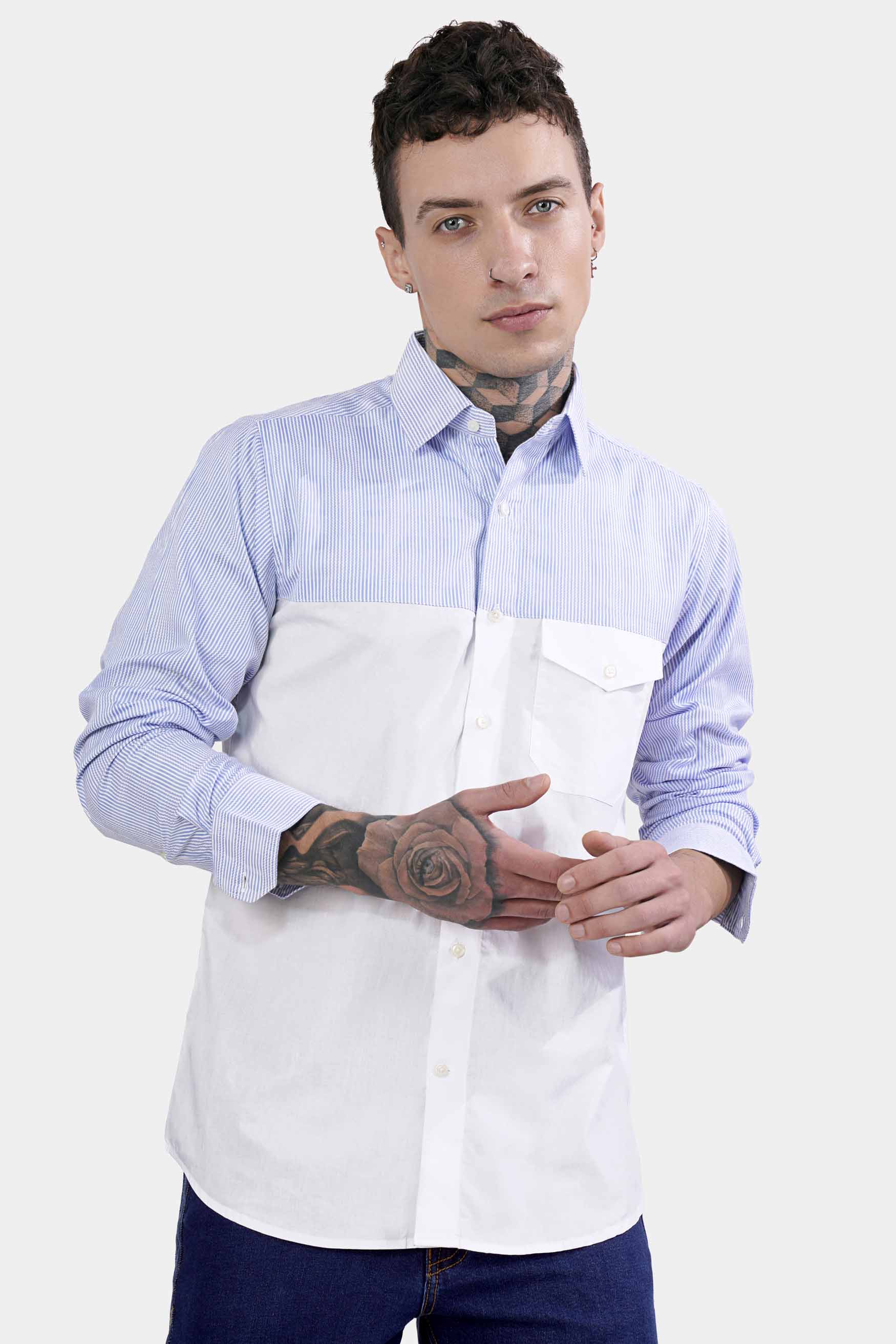 Chetwode Blue Striped and Bright White Striped Premium Cotton Designer Shirt