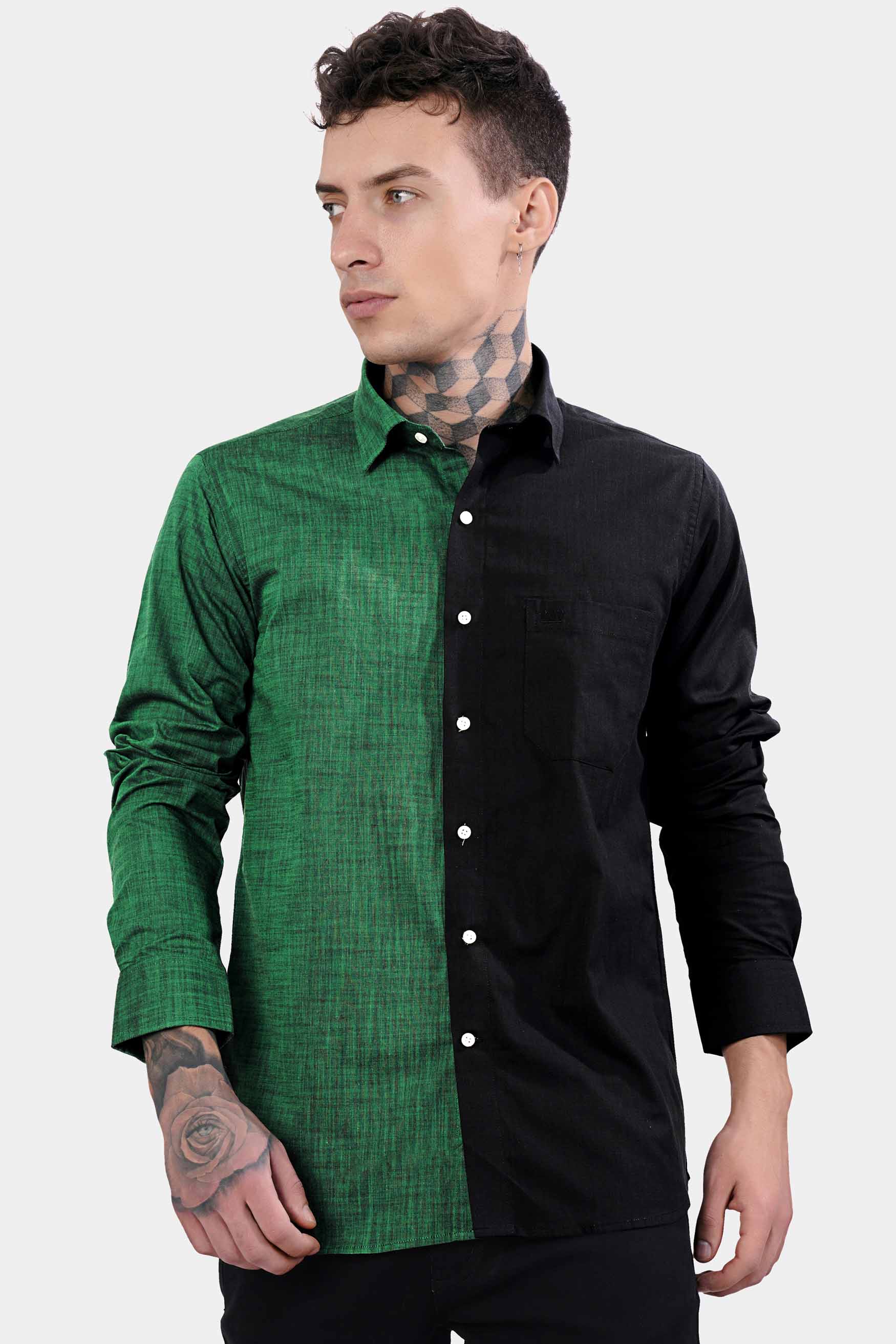 Half Pine Green and Half Jade Black Casual Textured Premium Linen Shirt For  Men