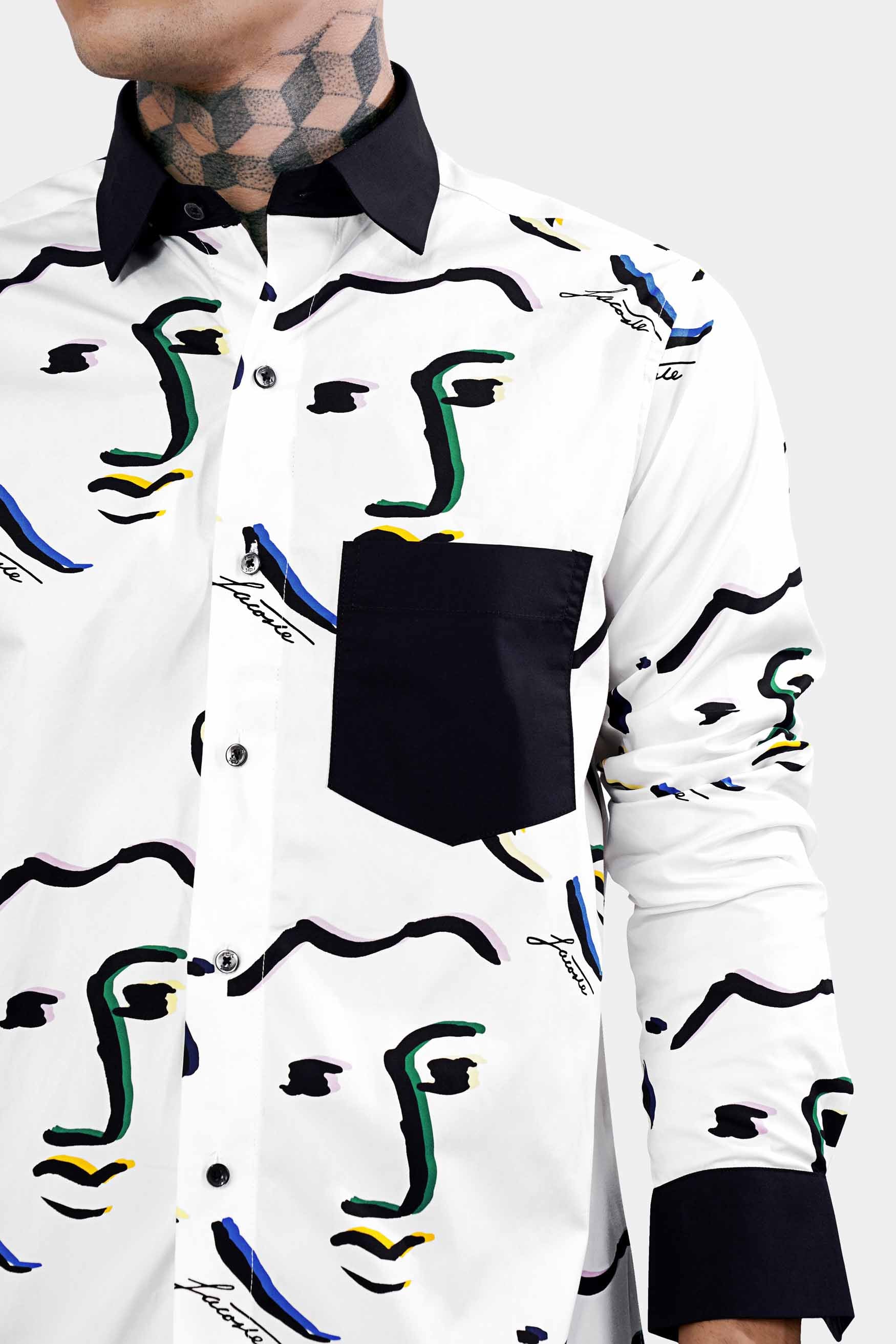 Bright White Faces Printed with Black Cuffs and Collar Premium Cotton Shirt 11433-BCC-BLK-38, 11433-BCC-BLK-H-38, 11433-BCC-BLK-39, 11433-BCC-BLK-H-39, 11433-BCC-BLK-40, 11433-BCC-BLK-H-40, 11433-BCC-BLK-42, 11433-BCC-BLK-H-42, 11433-BCC-BLK-44, 11433-BCC-BLK-H-44, 11433-BCC-BLK-46, 11433-BCC-BLK-H-46, 11433-BCC-BLK-48, 11433-BCC-BLK-H-48, 11433-BCC-BLK-50, 11433-BCC-BLK-H-50, 11433-BCC-BLK-52, 11433-BCC-BLK-H-52