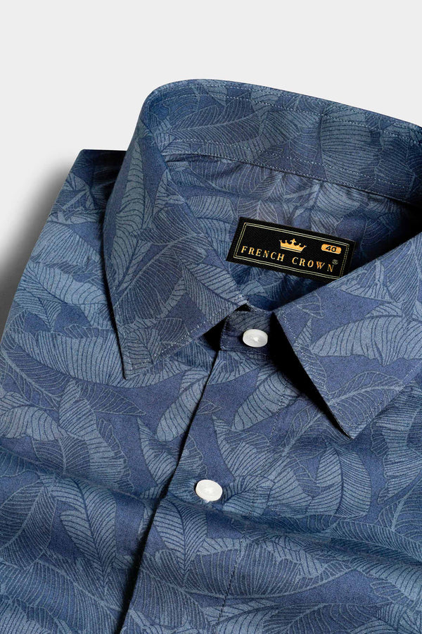 Slate Blue and Heather Gray Leaves Printed Premium Cotton Shirt