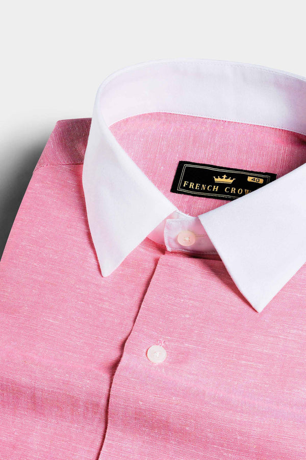Flamingo Pink with White Cuffs and Collar Luxurious Linen Shirt