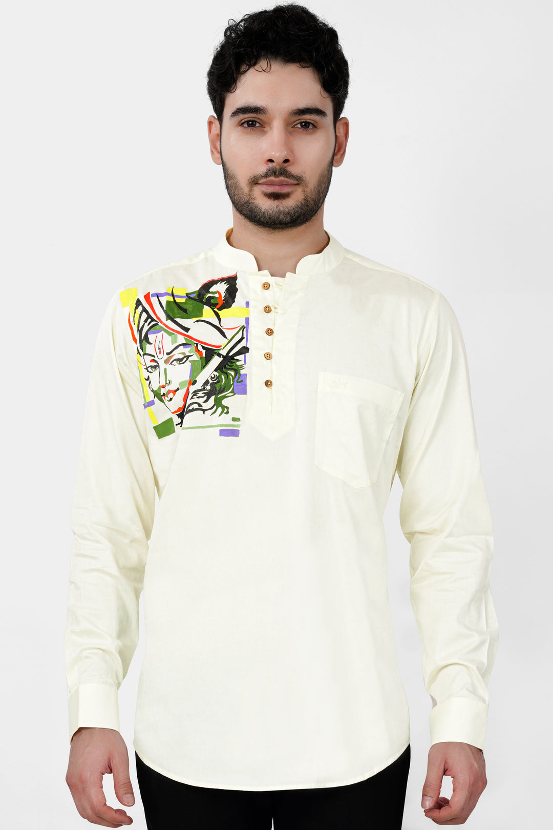 FANTASY CREAM SHREE KRISHNA PAINTED SUPER SOFT PREMIUM COTTON DESIGNER KURTA SHIRT